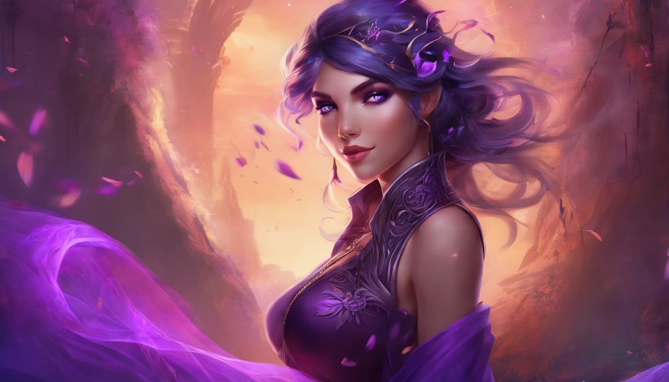 (((vivid purple eyes))), Half-elf female mage, casaco preto, (Manga Purples), (tight gray pants), (purple silk scarf), tied back silky shoulder length detailed black hair, (dark gothic makeup), pele castanha muito clara, (Seios enormes), pequenas orelhas pontudas, quadris largos, figura da ampulheta, big booty, (Perdido)