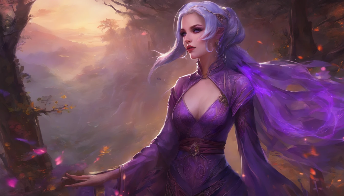 (((vivid purple eyes))), Half-elf female mage, casaco preto, (Manga Purples), (tight gray pants), (purple silk scarf), tied back silky shoulder length detailed black hair, (dark gothic makeup), pele castanha muito clara, (Seios enormes), pequenas orelhas pontudas, quadris largos, figura da ampulheta, big booty, (Perdido)