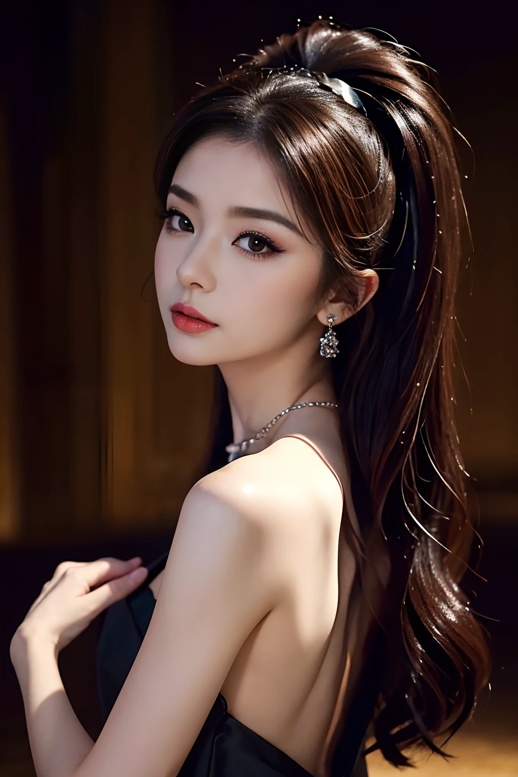 (Best Quality: 1.1), (Realistic: 1.1), (Photography: 1.1), (ighly detailed: 1.1), (1womanl), ((Simple makeup:1.3)),Black Silk Party Dress,Simple Diamond Necklace,(((blurry backround:1.2))),luxurious palace,Glittering rooms