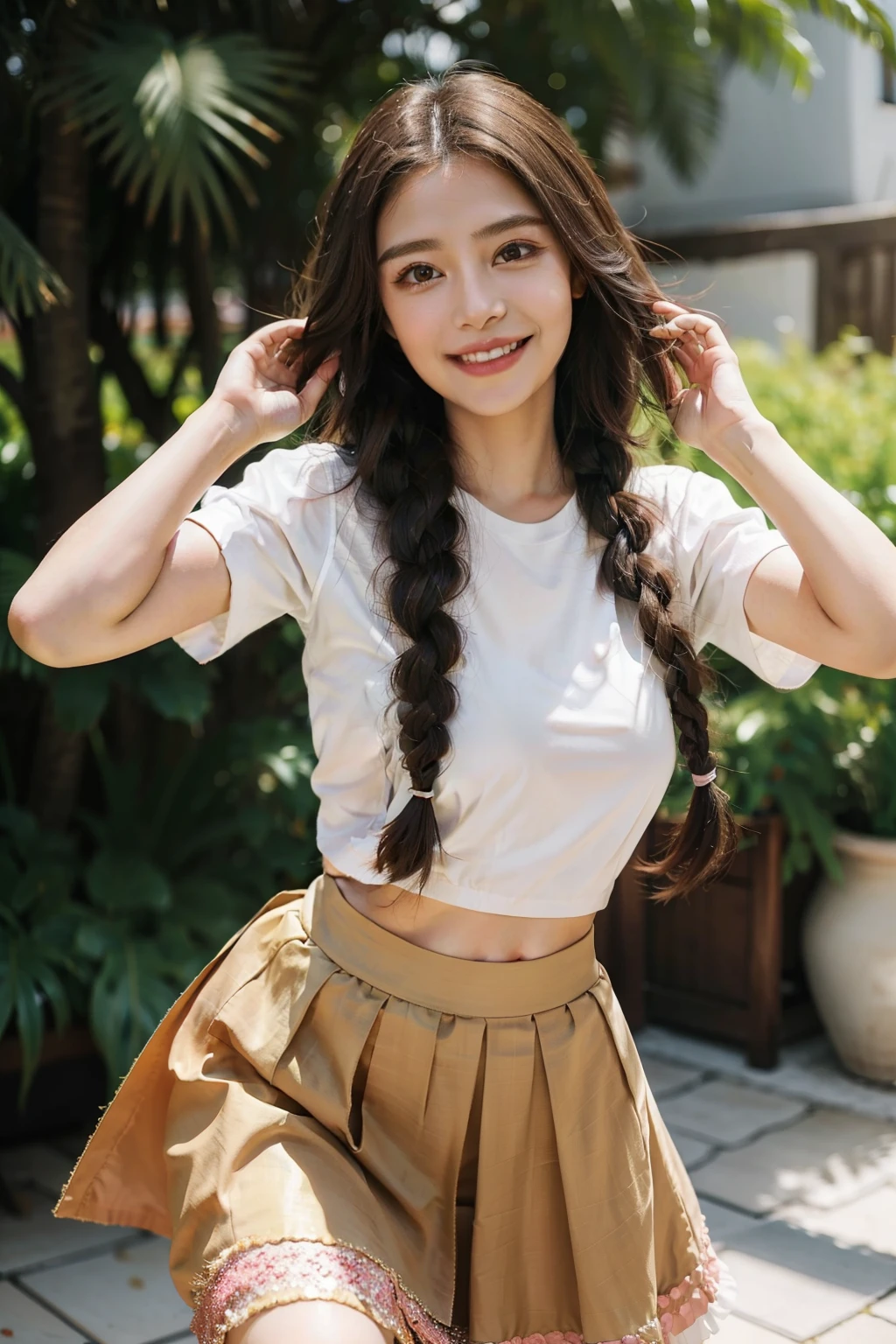 Masterpiece, Best quality, Realistic, Full-HD, 1 girl, Real girl, Long brown hair, Exercise, Braided hair, ribbon on hair, Golden eyes, Brown skin, medium boob, Happy face, Big smile, Open mouth, Traditional Mexican skirt, Pink Mexican skirt, Dynamic movements, White blouse, Short sleeves, Red high heels, dynamic dance pose, full bodyesbian, Perfect anatomy,