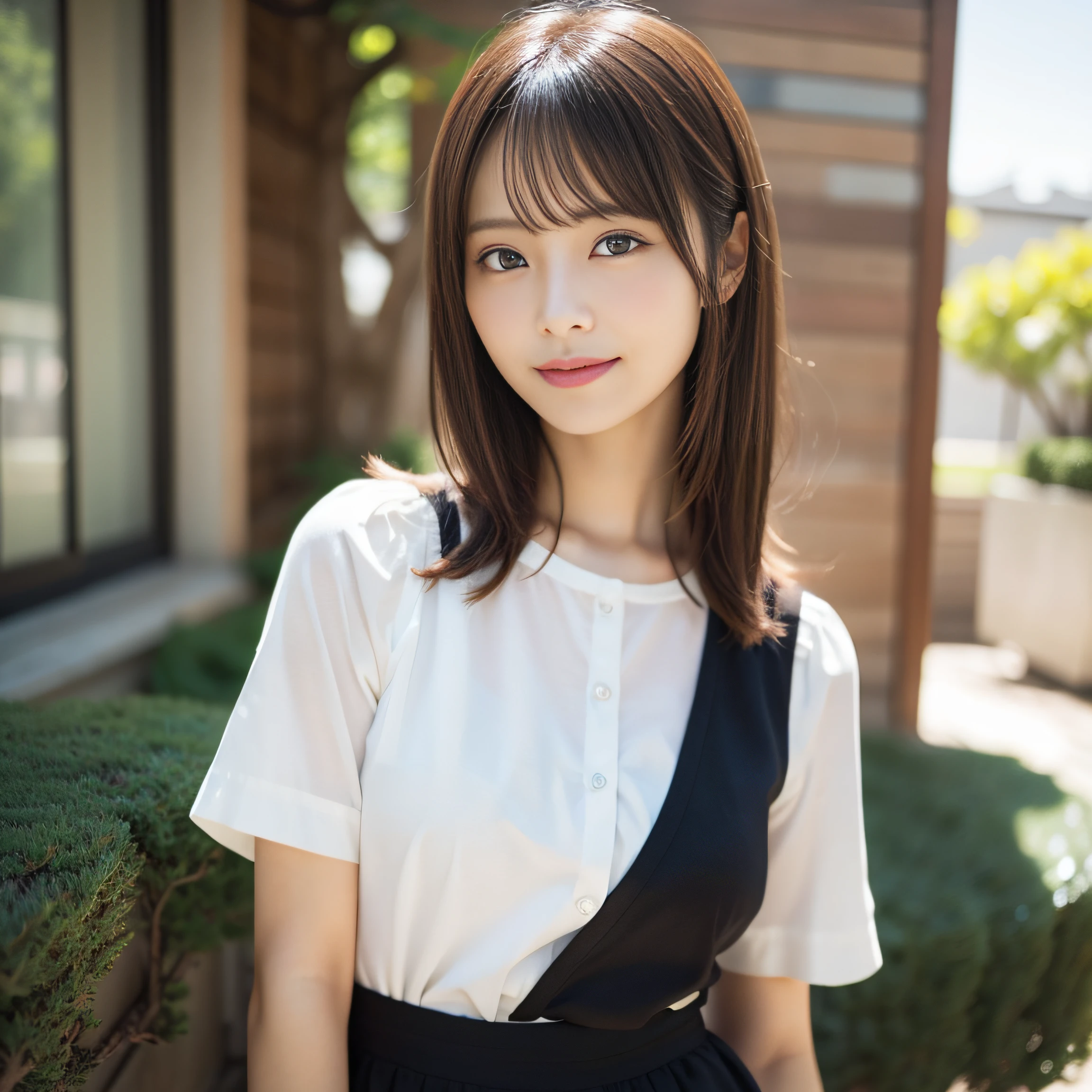 in 8K,Best Quality:1.4, 超A high resolution:1.5, (Photorealistic:1.4),masterpiece:1.2,(top-quality:1.4)、 Raw photo、(the background is blurred), Park on the hill:1.4、lawn、FULL BODYSHOT:1.4、 1日本人の女の子, Cute, (Solo), (Shy smile), Smooth skin、(30-years old:1.2)、TThe shirt、to stand、Check miniskirt、Cute mini skirt、 (Brown medium hair,Bangs), (touch hair:1.4)、nogizaka、cute little、Supple fingertips,Beautiful black eyes、natural skin textures:1.3, realistic eyes and face details:1.7、middlebreasts、gazing at viewer、gravure