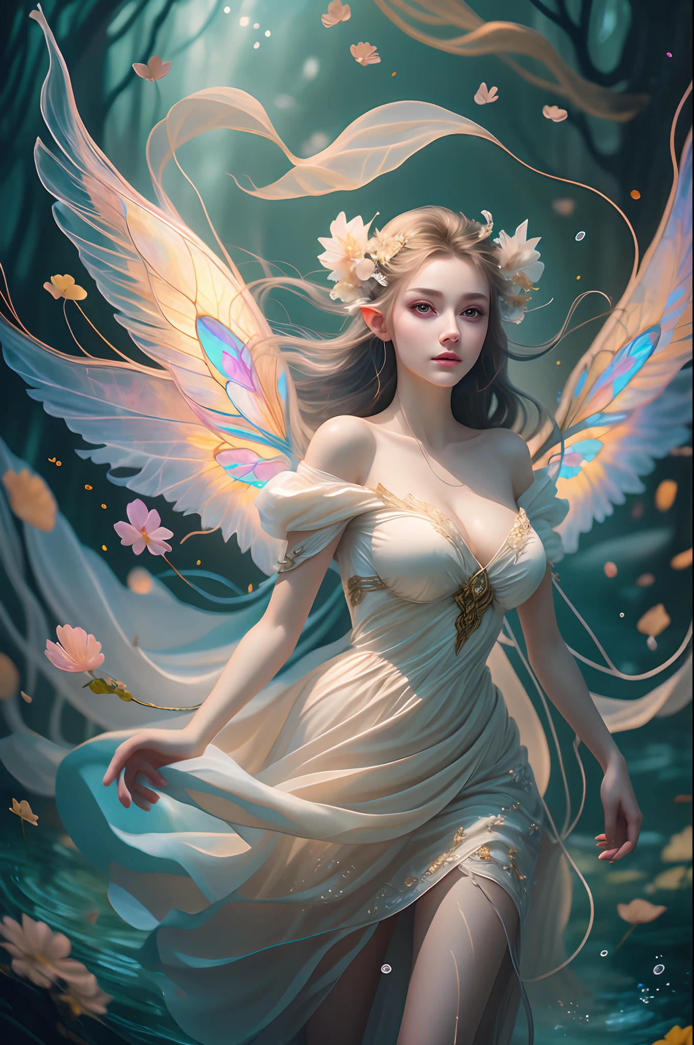 araffe fairy in a white dress walking through a stream, digital art inspired by WLOP, cgsociety contest winner, fantasy art, beautiful fairy, beautiful adult fairy, ethereal wings, a stunning young ethereal figure, portrait of a fairy, brunette elf with fairy wings, portrait of fairy, big white glowing wings, astral fairy, beautiful adult book fairy, ethereal beauty