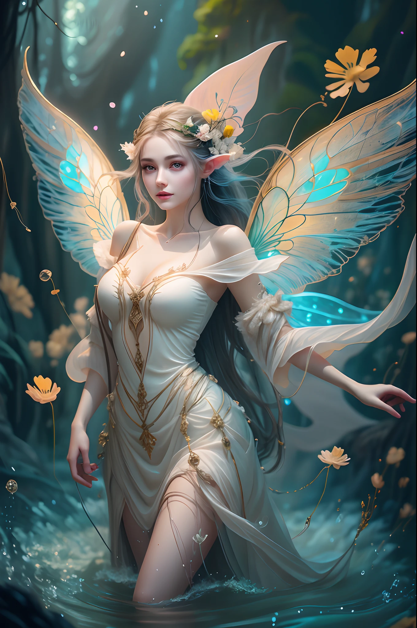 araffe fairy in a white dress walking through a stream, digital art inspired by WLOP, cgsociety contest winner, fantasy art, beautiful fairy, beautiful adult fairy, ethereal wings, a stunning young ethereal figure, portrait of a fairy, brunette elf with fairy wings, portrait of fairy, big white glowing wings, astral fairy, beautiful adult book fairy, ethereal beauty