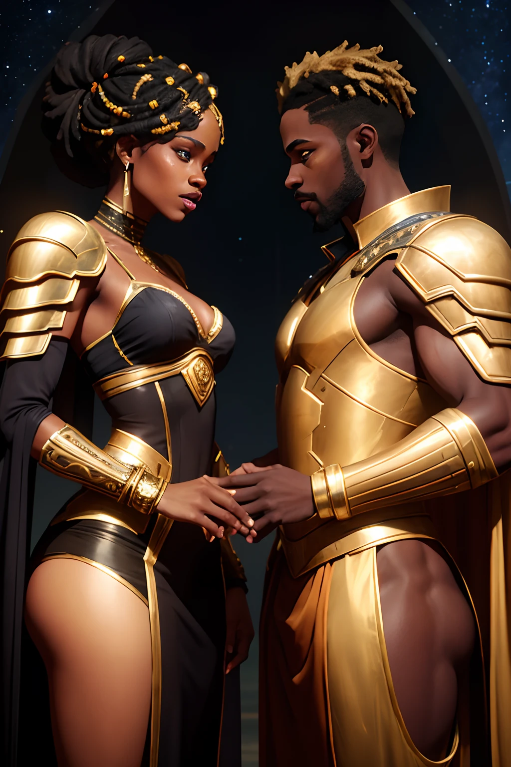 Black Man and a black woman. King and Queen, both african warrior types with dreadlocks like Erik Killmonger, looking deeply straight into each other's open eyes with a smile, golden armour pieces with african vibes, both holding their right hand to each other's chin, full bodies from below their hips to their heads, background is a dark galaxy full of stars, both heads have a transparent halo of light surrounding them,