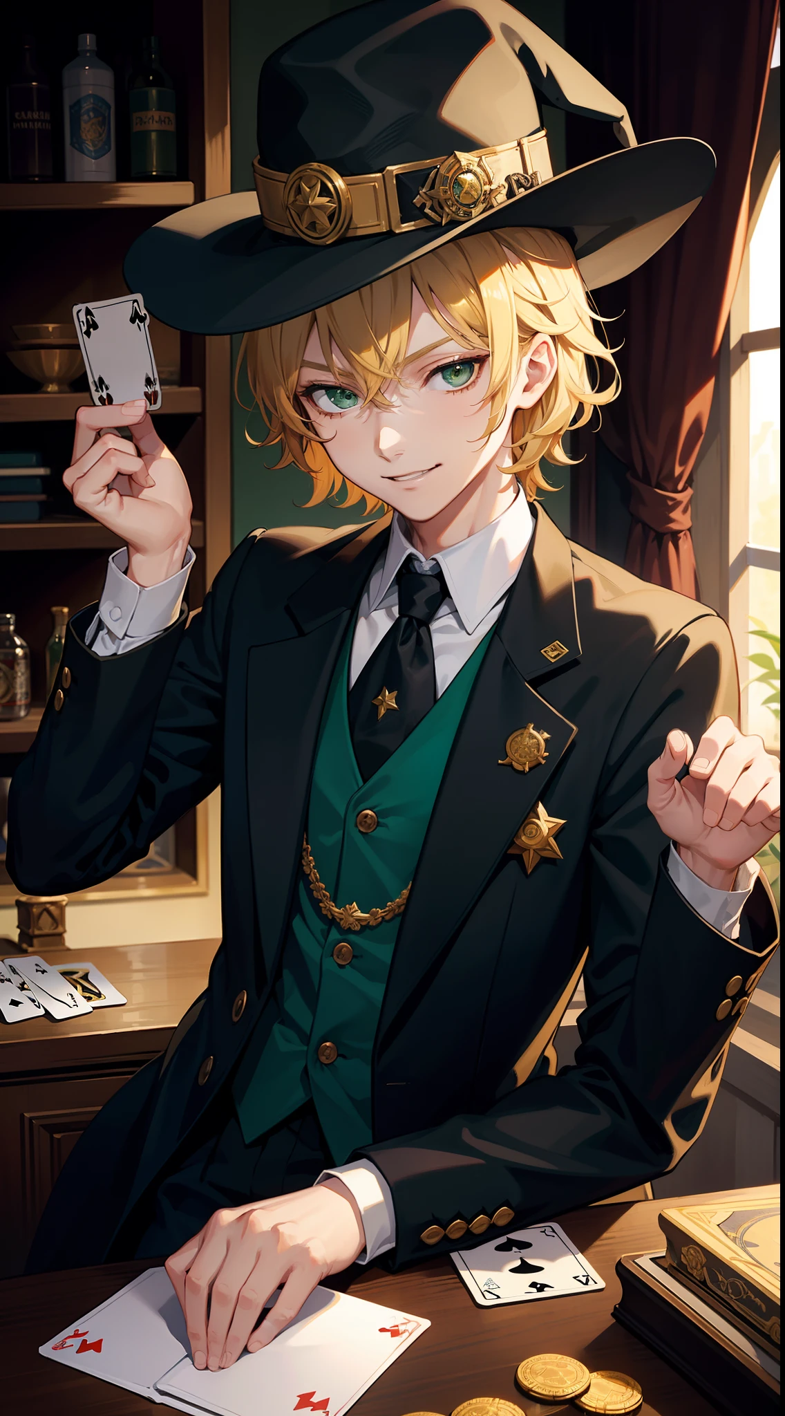 young boy, short curly blonde hair, Green eyes, smirk, evil, wizard hat, Magician's jacket, Magician Form, cane, playing cards, a joker, Masterpiece, hiquality, 4k, HD, Good detail
