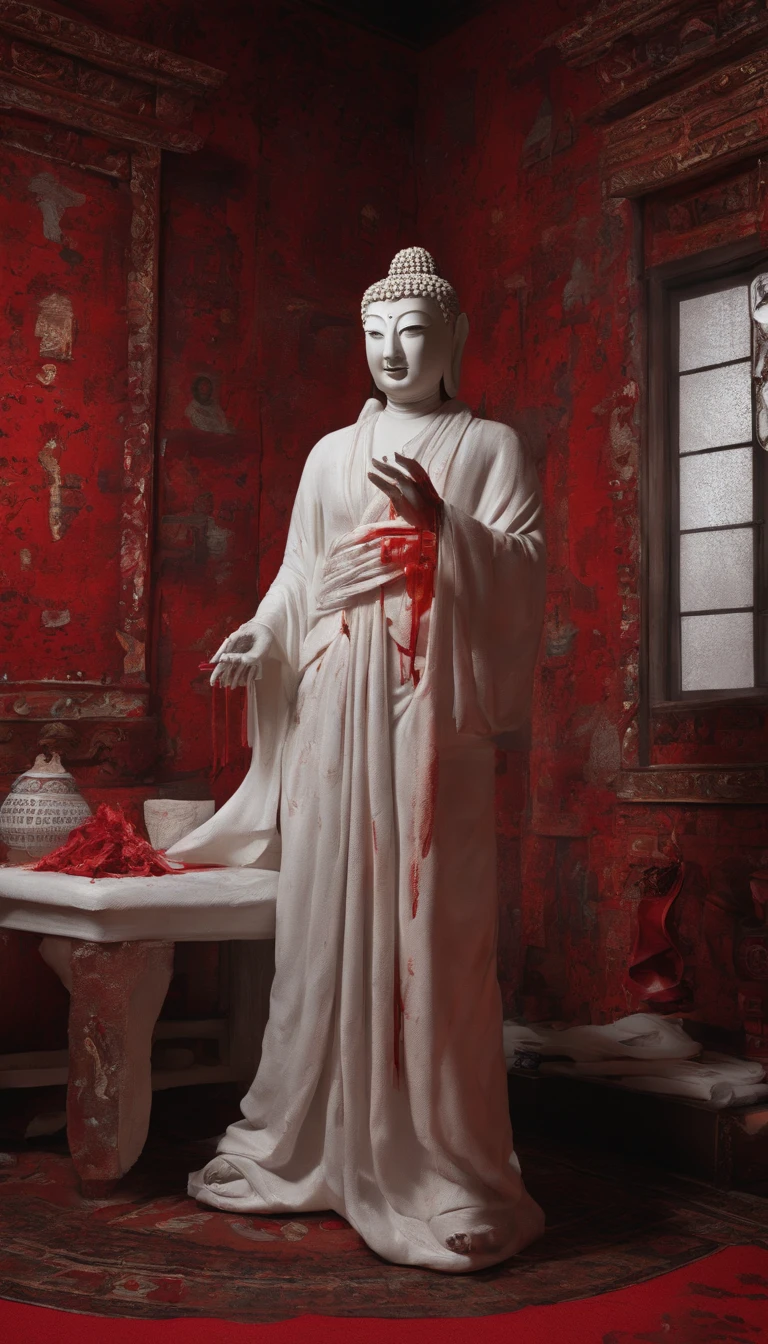 Blood red room, Flashing white TV screen, BUDDHA STATUE, cabelos preto e longos, with hair dishevelled, Cover one eye and face, Bright red eyes, Wearing a white transparent robe, Looming full breasts,liquor,Devil, reaching out her hands,Straighten your body, Red nails are exposed, Pinch the camera, hyper HD, Anatomically correct, Textured skin, Super detail, High details, High quality, A high resolution, 8K, hyper HD, Anatomically correct, Textured skin, Super detail, High details, High quality, Best quality, 8K,Leishnampo,Room 2,Horror