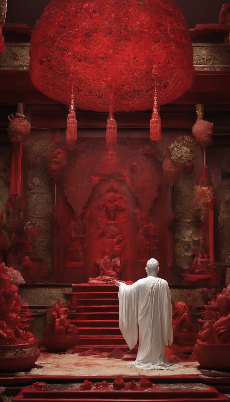 Blood red room, Flashing white TV screen, BUDDHA STATUE, cabelos preto e longos, with hair dishevelled, Cover one eye and face, Bright red eyes, Wearing a white transparent robe, Looming full breasts,liquor,Devil, reaching out her hands,Straighten your body, Red nails are exposed, Pinch the camera, hyper HD, Anatomically correct, Textured skin, Super detail, High details, High quality, A high resolution, 8K, hyper HD, Anatomically correct, Textured skin, Super detail, High details, High quality, Best quality, 8K,Leishnampo,Room 2,Horror