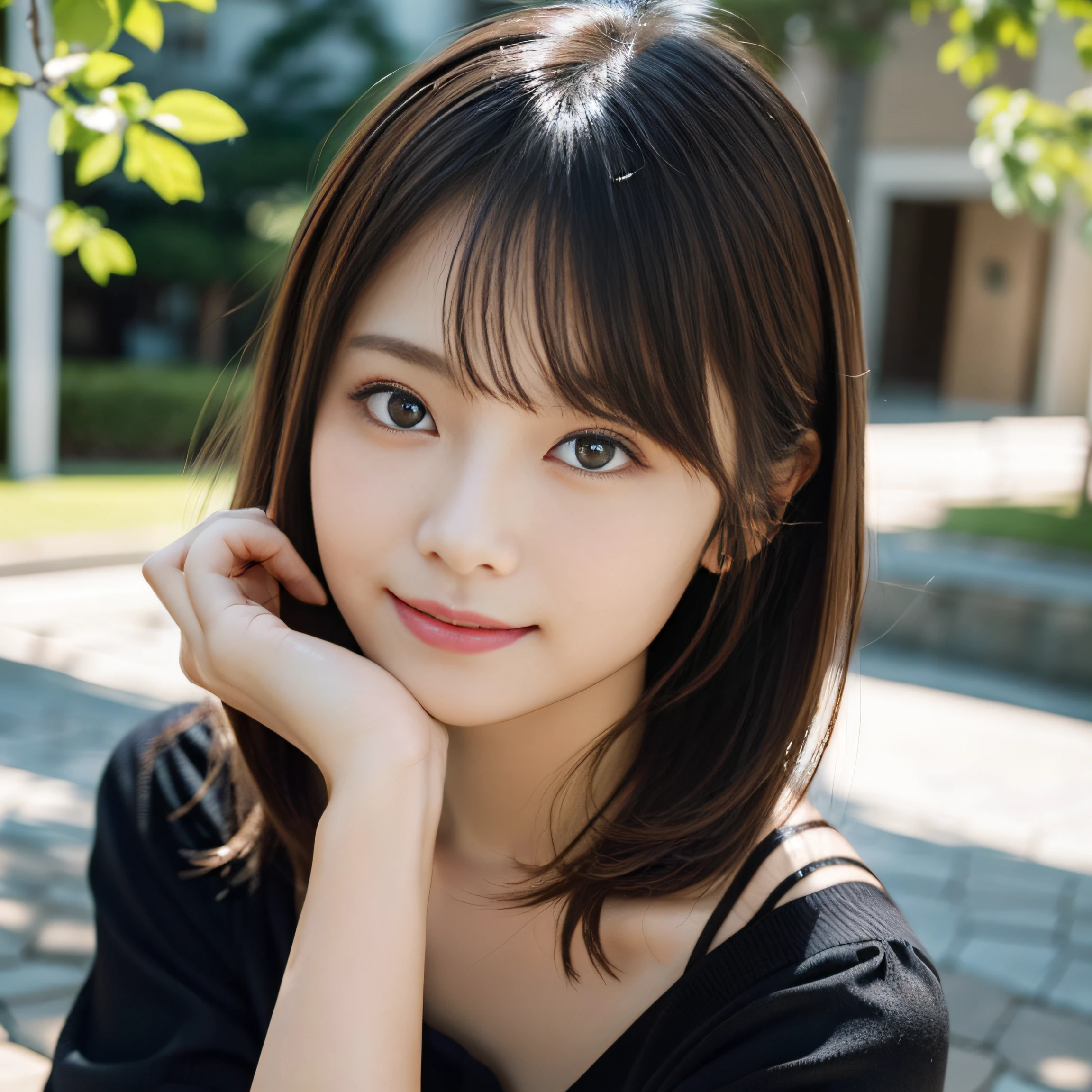 in 8K,Best Quality:1.4, 超A high resolution:1.5, (Photorealistic:1.4),masterpiece:1.2,(top-quality:1.4)、 Raw photo、(the background is blurred), Park on the hill:1.4、lawn、FULL BODYSHOT:1.4、 1日本人の女の子, Cute, (Solo), (Shy smile), Smooth skin、(30-years old:1.2)、TThe shirt、to stand、Check miniskirt、Cute mini skirt、 (Brown medium hair,Bangs), (touch hair:1.4)、nogizaka、cute little、Supple fingertips,Beautiful black eyes、natural skin textures:1.3, realistic eyes and face details:1.7、middlebreasts、gazing at viewer、gravure