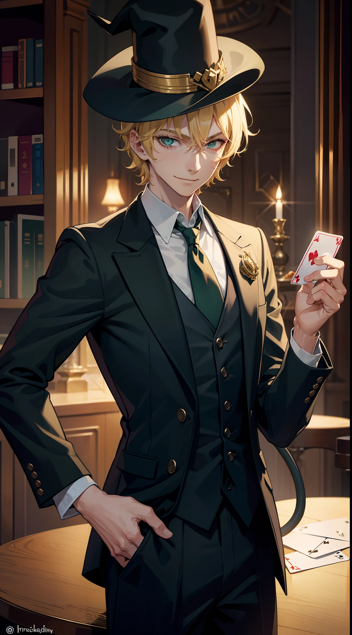 young boy, short curly blonde hair, Green eyes, smirk, evil, wizard hat, Magician's jacket, Magician Form, cane, playing cards, a joker, Masterpiece, hiquality, 4k, HD, Good detail