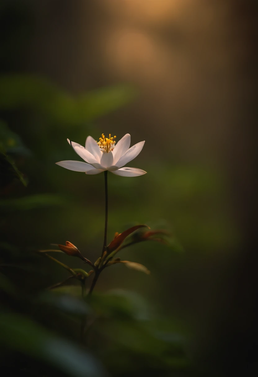 close-up de uma raposa em uma floresta encantada, noite, vaga-lumes, Volumetric Haze, Halation, flor, dramatic atmosphere, Centralizado, thirds rule, 200mm macro launch 1.4T