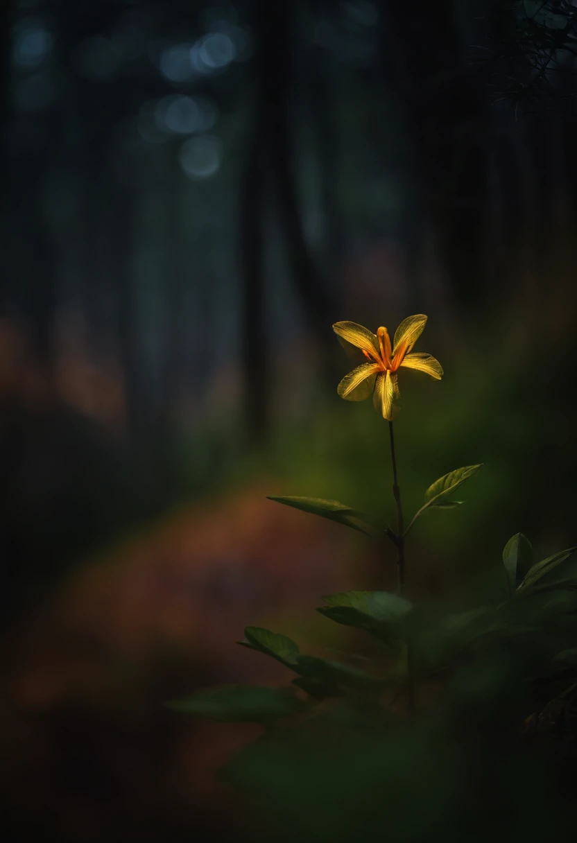 close-up de uma raposa em uma floresta encantada, noite, vaga-lumes, Volumetric Haze, Halation, flor, dramatic atmosphere, Centralizado, thirds rule, 200mm macro launch 1.4T