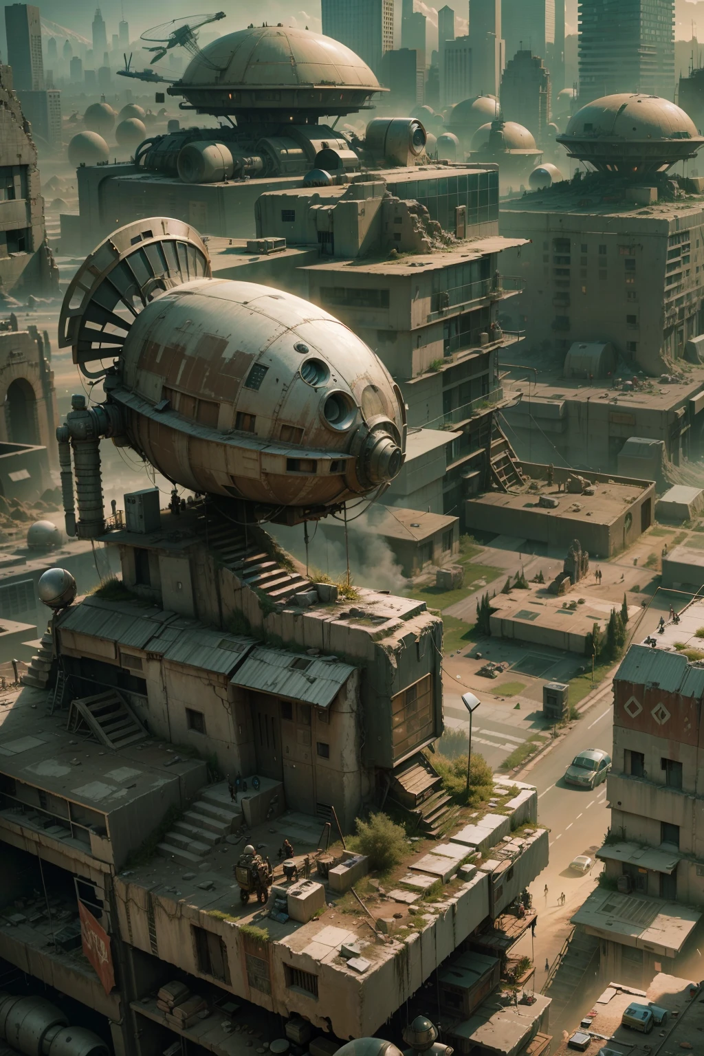 Technologically advanced and highly detailed ancient aliens in a post-apocalyptic cityscape.