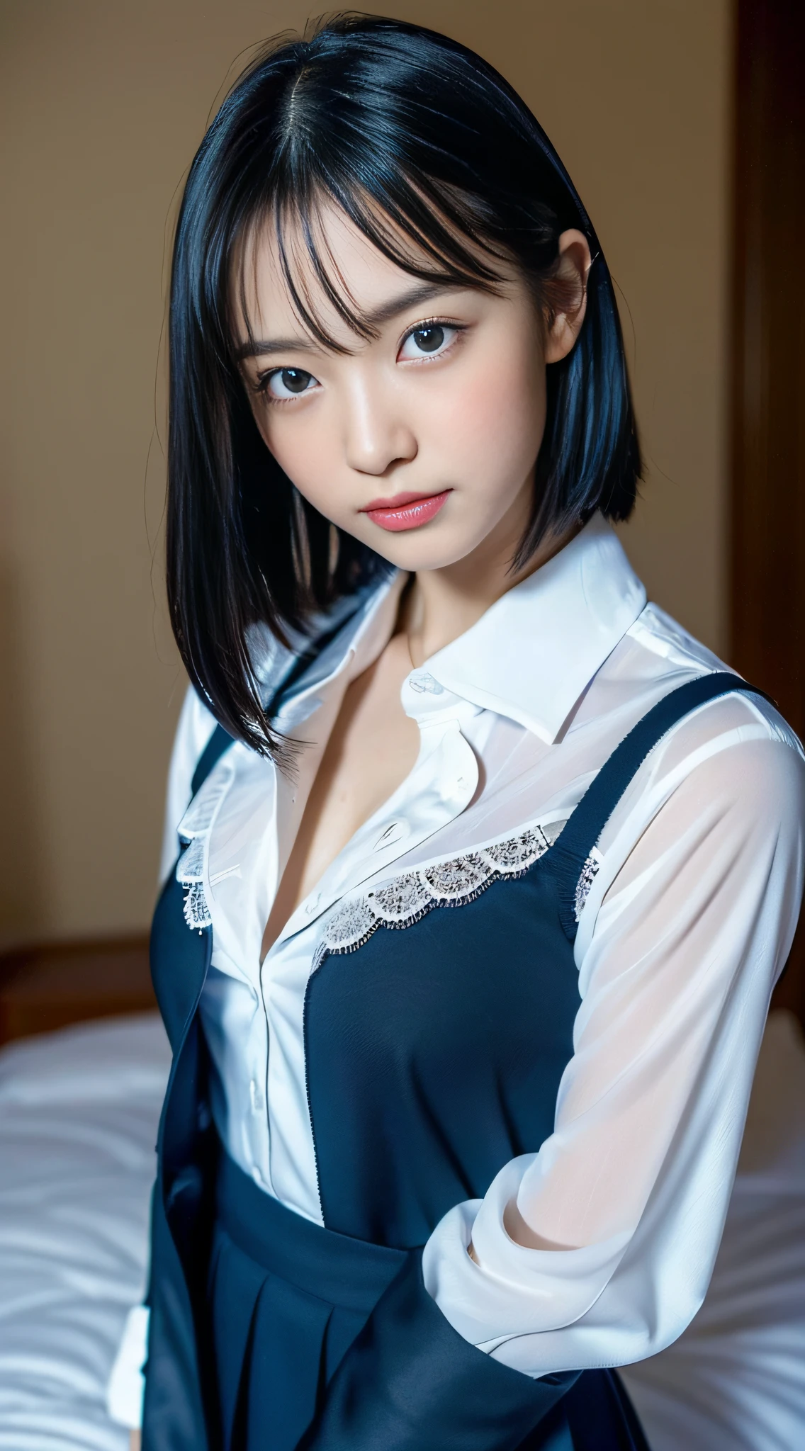 (((32k,high detal,high-detail、masterpiece,Attention to detail,full body Esbian,独奏))),Raw photo & realistic atmosphere,beautiful dark blue eyes,Detailed mouth,Glossy lips,Detailed eyebrows,Eyes drawn in detail with soft white skin that shines in every detail、azure eyes,Very beautiful eyes,Detailed lips、Very beautiful face,Very well-formed face、Lifelike face,shiny beautiful lips, Realistic Young Gravure Idol, very beautiful school girl, , Young Sensual Gravure Idol, Young Gravure Idol,( Beautiful and very cute mature1One 6--old oolgirl,the whole body is wet,dripped out,with a flushed face,Incredibly beautiful, sexy and classy16-year-olrl,Blshiny hair with chignon hair,Hair is wet,Fine water droplets shining on hair:1.6),(Looking at the camera),(darkness,Very dark,There is a power outage and the belly is pitch black,Bed in the room,Use one candle to illuminate the subject:1.7),(A sexy,Healthy toned body,High Detail Hi-Vision Hi-Vision Japan HDTVblackHDTVhi-VisionBlack Hi-VisionBlack Hi-Definition Hi-VisionBlack Hi-Definition Hi-Definition Uniform,shapely breasts with a little bigger,,,Mature body, I'm anxious and about to cry,Moist eyes,cold smile,glareing,The glaring face is also beautiful,High-resolution arm,,high-definition fingers:1.5),(The chest of the uniform is sexily open,Wearing black pantyhose,Sexy high school girl uniform with black, blue and white base,Beautiful girl sleeping in one sexy pose,G-strings under the skirt,Photograph the whole body,White shirt with lace:1.9)