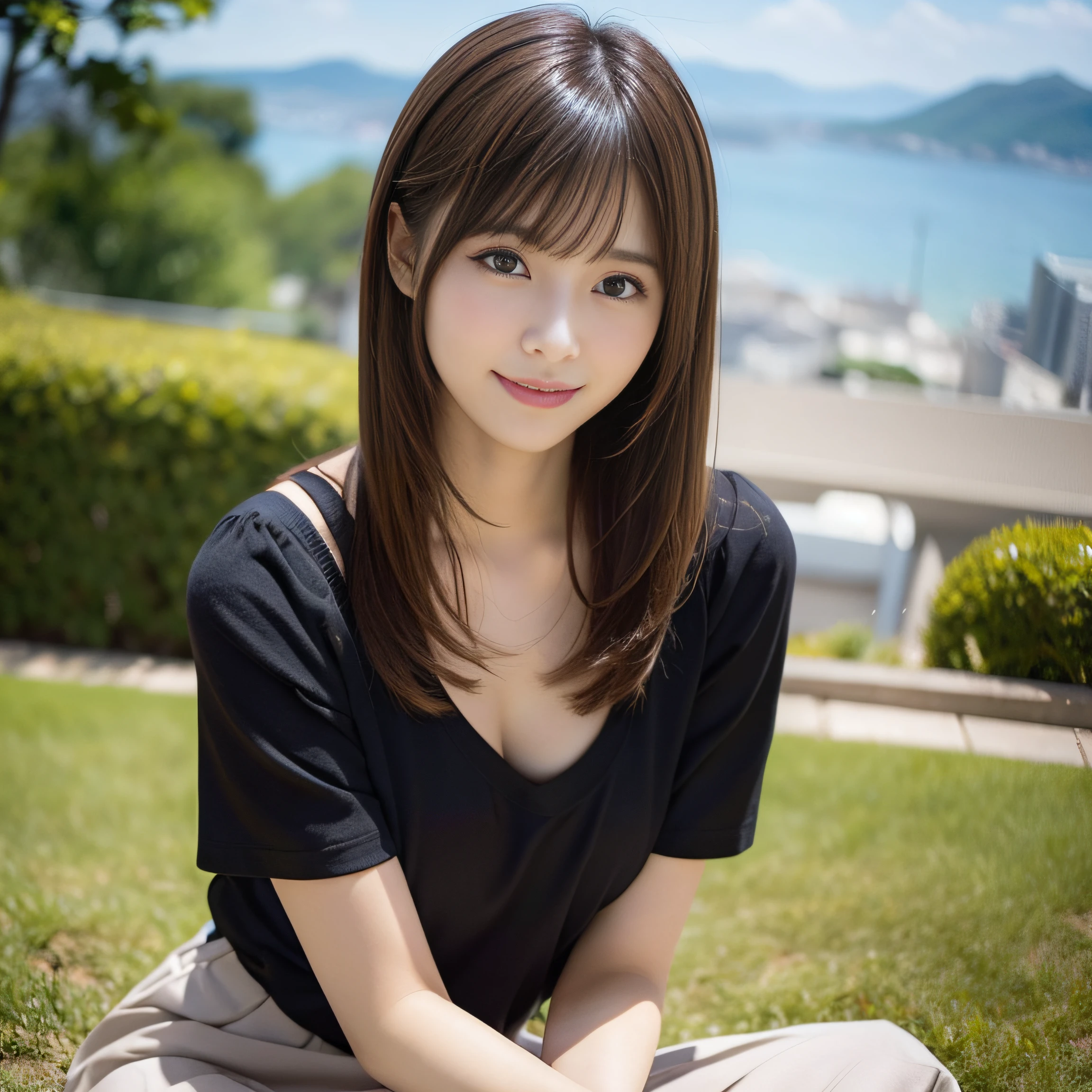 in 8K,Best Quality:1.4, 超A high resolution:1.5, (Photorealistic:1.4),masterpiece:1.2,(top-quality:1.4)、 Raw photo、(the background is blurred), Park on a hill with a good view:1.4、blue-sky、lawn、FULL BODYSHOT:1.8、 1日本人の女の子, Cute, (Solo), (Shy smile), Smooth skin、(30-years old:1.2)、TThe shirt、to stand、Check miniskirt、Cute mini skirt、beauty legs、Slender feet、 (Brown medium hair,Bangs), (touch hair:1.4)、nogizaka、cute little、Supple fingertips,Beautiful black eyes、natural skin textures:1.3, realistic eyes and face details:1.7、middlebreasts、gazing at viewer、gravure