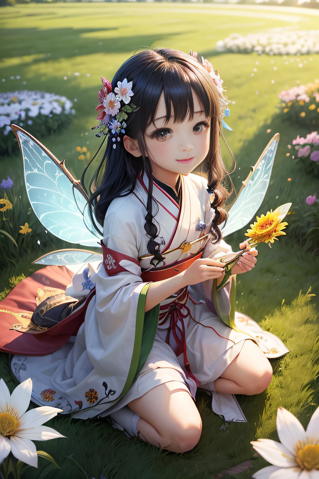 (masterpiece,high-level image quality,hightquality)、(Flower Fairy)、(Seeing with the Eyes of the Spirit、Seeing with Spiritual Sight)、夏天、grass field、insects、clouds、suns、femele、年轻、kawaii、Smile、Nature Spirits、
