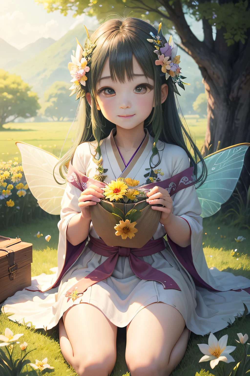 (masterpiece,high-level image quality,hightquality)、(Flower Fairy)、(Seeing with the Eyes of the Spirit、Seeing with Spiritual Sight)、夏天、grass field、insects、clouds、suns、femele、年轻、kawaii、Smile、Nature Spirits、