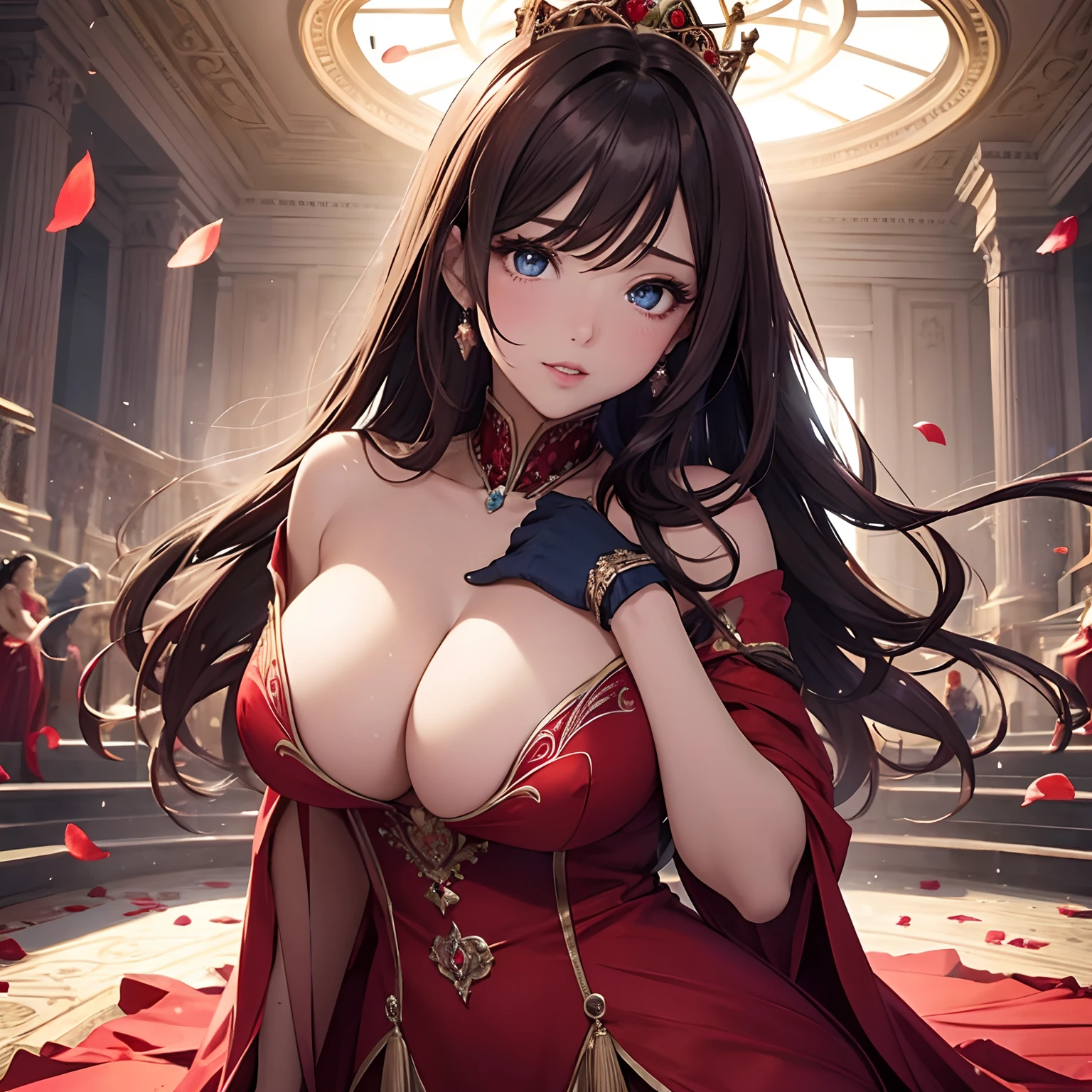 finest image, portrait, female, sexy, beautiful, cute, amorous expression, lewd expression, ecstasy, orgasm, light brown glossy flowing layered iridescent hair, blue sparkling big eyes, double eyelids, red alluring moist lips, huge breasts, under boobs, side boobs, abs, great proportion, red long dress, red long gloves, background royal palace, many falling petals, professional lighting