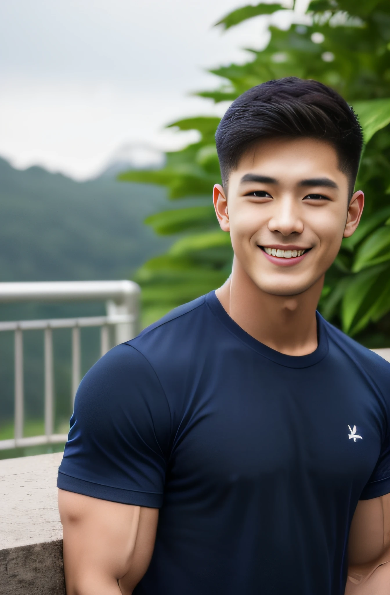 A handsome men ,20 age , Short Hair Hair, korea , Student，(((Wear a navy T-shirt without stripes........................))),  front-view, smile ,Pectoral muscles, Wide shoulders ,athlete , Upper body (1),  It's raining: 1.3, road: 1.2, body dripping wet: 1.1,