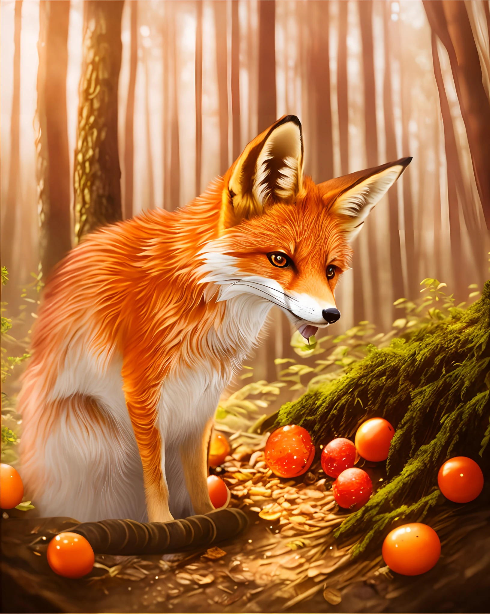 Picture of a fox in the forest with eggs and other things, fantasy fox love, digital fox, vixen, an anthropomorphic fox, Tonic Fox, Trehhvostaya fox, portrait of an anthro fox, ethereal fox, red fox, Detail art, Cute fox, an anthropomorphic fox, Whimsical fox, detailed game art illustration, Fox