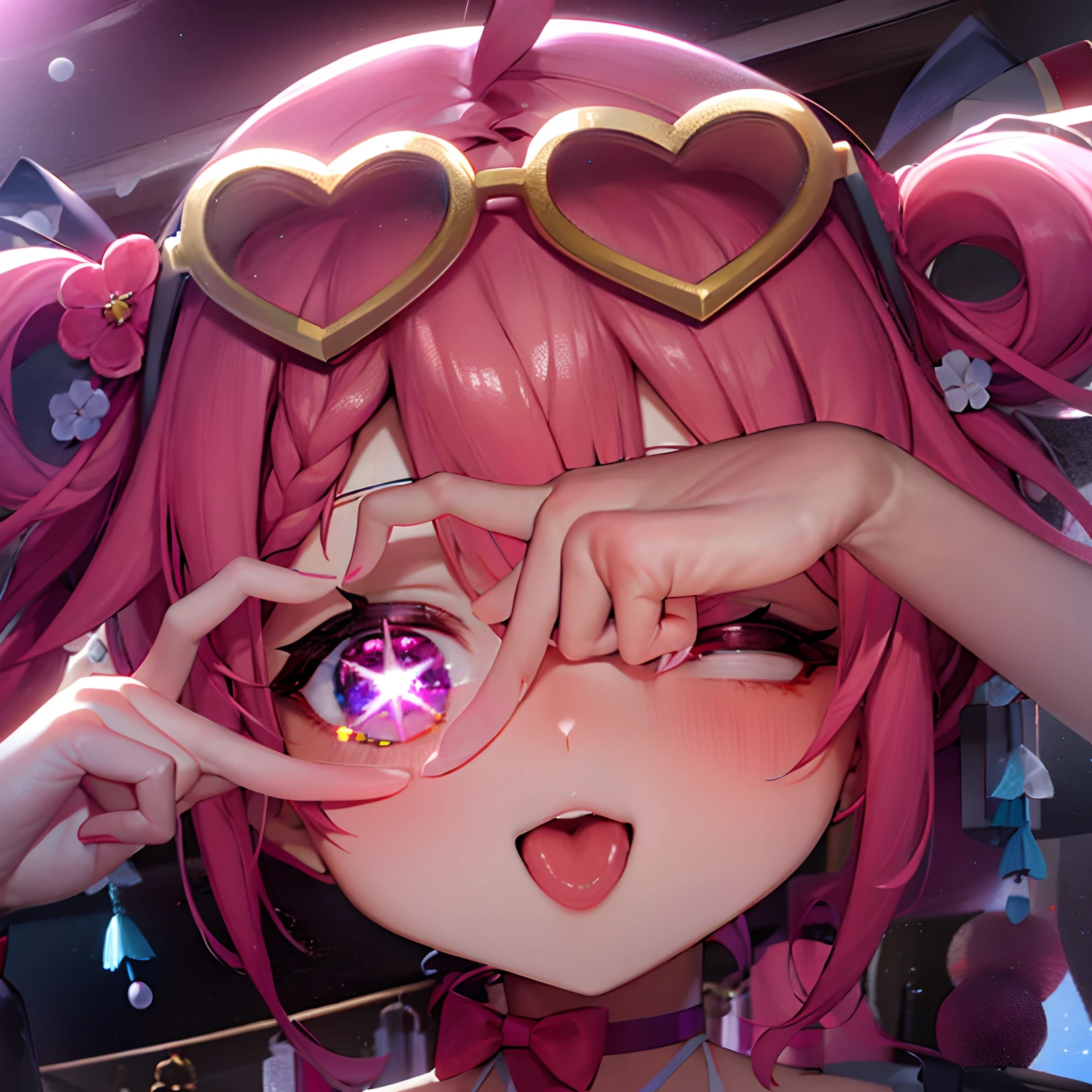 Anime girl looking at camera with pink hair and glasses, lollipop, Splash art anime , Loliime visual of a cute girl, magical girl anime mahou shojo, anime vibes, A scene from the《azur lane》videogame, ahegao, hololive, portrait of magical girl, anime moe art style, ahegao face, with index finger