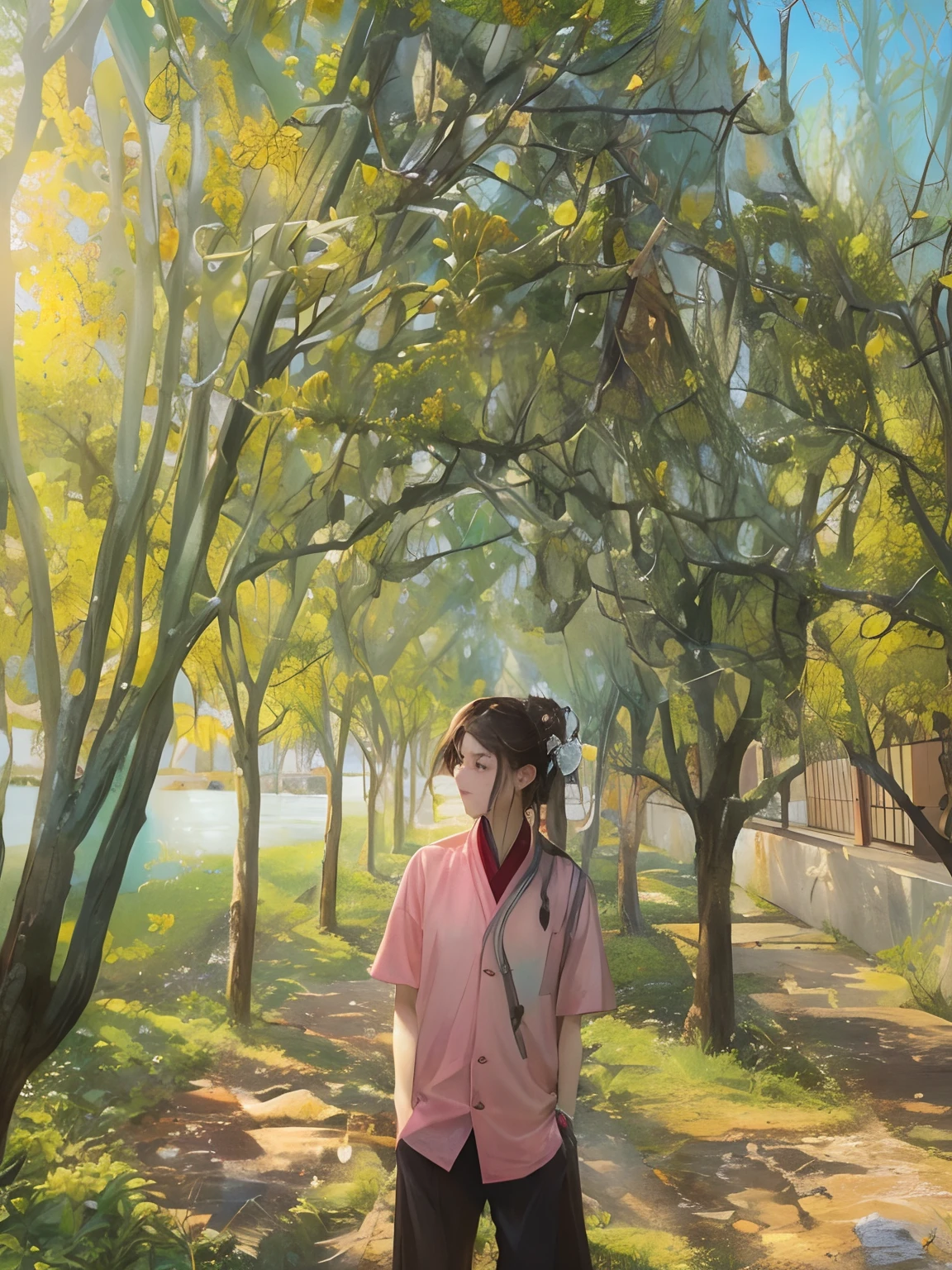 Masterpiece, Best quality, Daytime, Outdoor, Water's Edge, festivity, celebrating,Chinese style, Ancient China, sister, Imperial sister, Cold expression, Expressionle Dark brown hair, Green eyes, Single strips of fried dough twisted braid, Coiled hair, Double ball head, Light pink lips, calm, Intellectual, Media distribution, Hairpin, doctor, herbal medicine