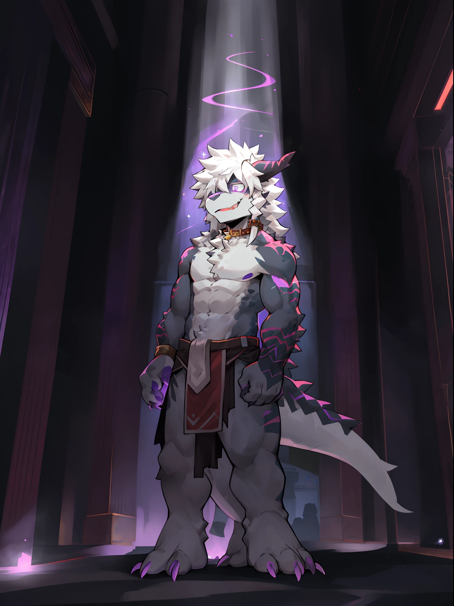 One guy,独奏,Full body like,shaggy male,hairy bodies,Correct anatomy,Detailed double eyes,glowing light eyes,Wearing a naked,Black loincloth,Muscular,long white hair,drak,shoun(thin tall body type),male people,There are small horns on the head,black-skinned,,red striped,Purple eye,Evil God,glowing light eyes,Sharp claws,with light glowing,Star eyes,Cute meat pad,Collar,adolable,Handsome,Evil charm,haughty,Large dragon tail,full bodyesbian,The Void,purple palace,Lobby Throne,Standing brainwashing,tongue stickout,The liquid runs down the lower gear,Eros,Character subjects