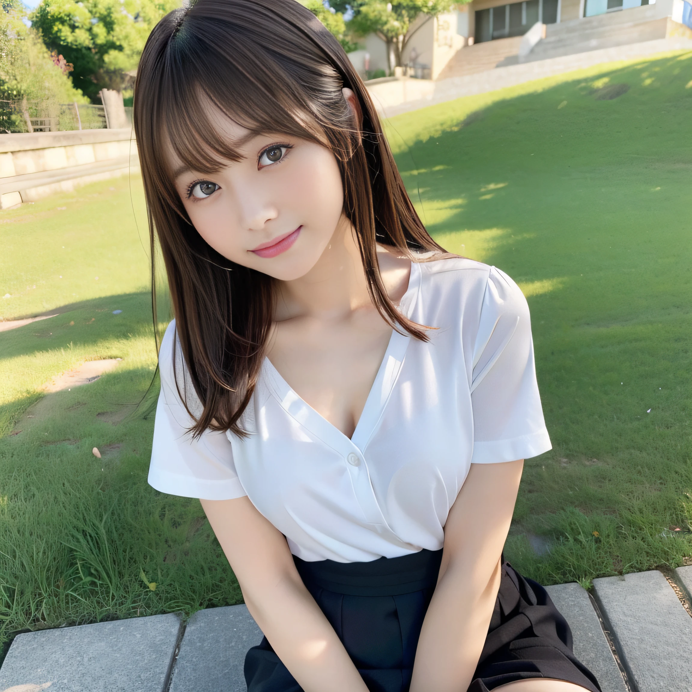 in 8K,Best Quality:1.4, 超A high resolution:1.5, (Photorealistic:1.4),masterpiece:1.2,(top-quality:1.4)、 Raw photo、(the background is blurred), On a hilltop with a good view:1.4、blue-sky、lawn、FULL BODYSHOT:1.8、 1日本人の女の子, Cute, (Solo), (Shy smile), Smooth skin、(35 year old:1.2)、TThe shirt、to stand、Check miniskirt、Cute mini skirt、beauty legs、Slender feet、 (Brown medium hair,Bangs), (touch hair:1.4)、nogizaka、cute little、Supple fingertips,Beautiful black eyes、natural skin textures:1.3, realistic eyes and face details:1.7、middlebreasts、gazing at viewer、gravure、low angles、Katyusha、Scenic