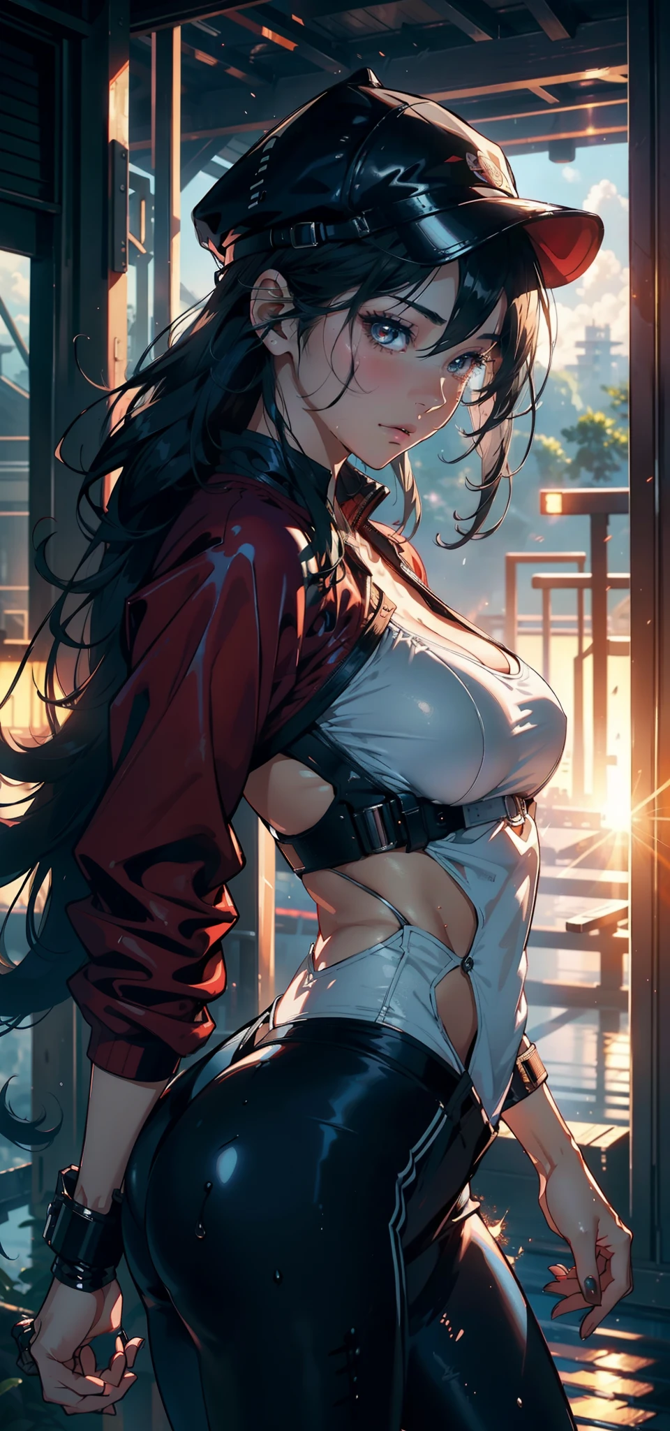 1female,29 years old,,super adorable,Bigchest ,Pornographic exposure, 独奏,(Background with:hilltop,the rainforest,in summer,Standing water on the ground,exteriors) Feel free to hairstyle,Stride,Sweat profusely,drenched all over the body,seen from the front,Long black hair , mostly cloudy sky,(((tmasterpiece),(Very detailed CG unity 8K wallpaper),best qualtiy,cinmatic lighting,detailed back ground,beatiful detailed eyes,Bright pupils,(Very fine and beautiful),(Beautiful and detailed eye description),ultra - detailed,tmasterpiece,)),facing at camera,A high resolution,ultra - detailed)There is a robotic arm,cyber punk style,nakeness,with no underpants,revealing breasts,Bare genitalia, Bulge,Camel toes,Raised sexy,Lewd expression,Flushed complexion,Open-mouthed,frontage,(Wearing:Red baseball jacket,Pantyhose,baseball cap)