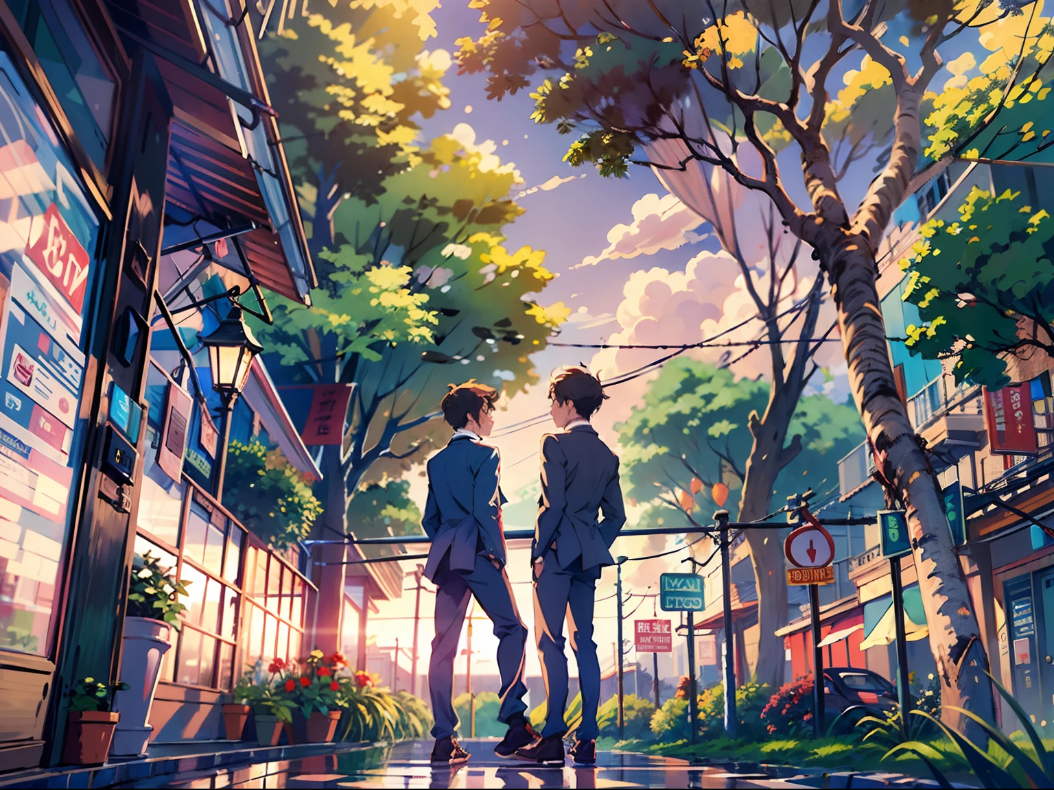 2boys,11 only、(Man's :2),(bobhair:1.5)、A dark-haired、Brown hair、Rear view、Suits、Brightly colored ties、chum、cafes、Trees、Clouds and dusk,Natural lighting、hightquality、masutepiece,8K,hight resolution、