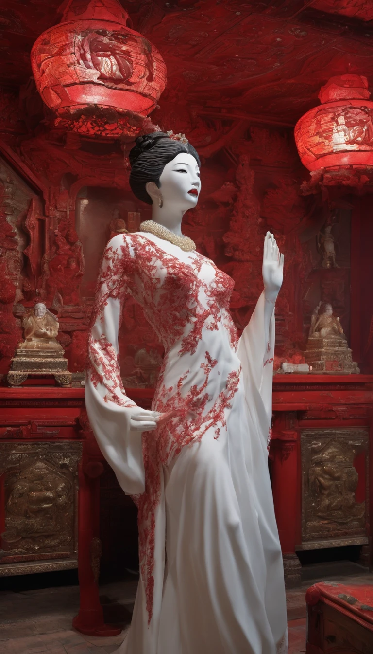 Blood red room, Flashing white TV screen, BUDDHA STATUE, cabelos preto e longos, with hair dishevelled, Cover one eye and face, Bright red eyes, Wearing a white transparent robe, Looming full breasts,liquor,Devil， reaching out her hands，Straighten your body, Red nails are exposed, Pinch the camera, hyper HD, Anatomically correct, Textured skin, Super detail, High details, High quality, A high resolution, 8K, hyper HD, Anatomically correct, Textured skin, Super detail, High details, High quality, Best quality, 8K,Leishnampo,Room 2,Horror
