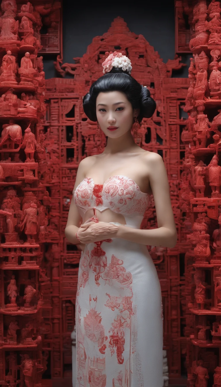 Blood red room, Flashing white TV screen, BUDDHA STATUE, cabelos preto e longos, with hair dishevelled, Cover one eye and face, Bright red eyes, Wearing a white transparent robe, Looming full breasts,liquor,Devil, reaching out her hands,Straighten your body, Red nails are exposed, Pinch the camera, hyper HD, Anatomically correct, Textured skin, Super detail, High details, High quality, A high resolution, 8K, hyper HD, Anatomically correct, Textured skin, Super detail, High details, High quality, Best quality, 8K,Leishnampo,Room 2,Horror