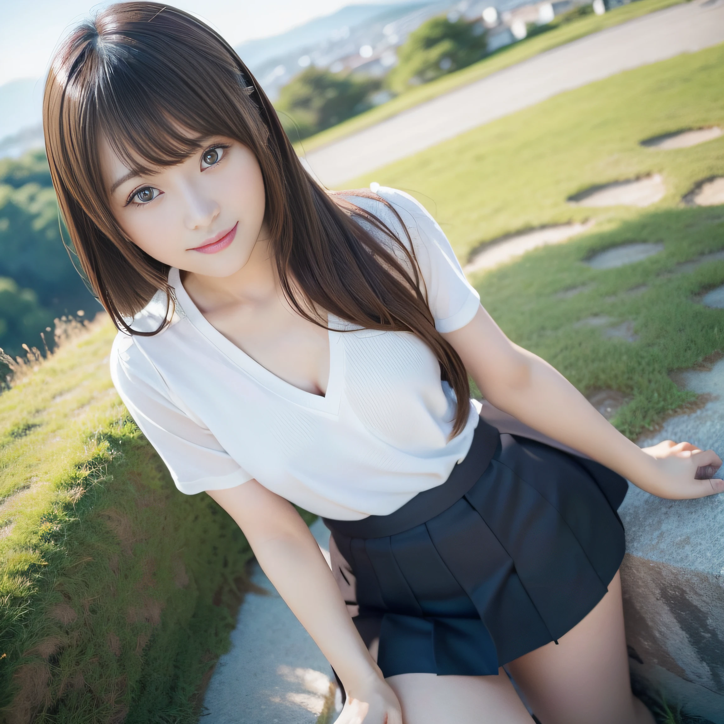 in 8K,Best Quality:1.4, 超A high resolution:1.5, (Photorealistic:1.4),masterpiece:1.2,(top-quality:1.4)、 Raw photo、(the background is blurred), On a hilltop with a good view:1.4、blue-sky、lawn、FULL BODYSHOT:1.8、 1日本人の女の子, Cute, (Solo), (Shy smile), Smooth skin、(35 year old:1.2)、TThe shirt、to stand、Check miniskirt、Cute mini skirt、beauty legs、Slender feet、 (Brown medium hair,Bangs), (touch hair:1.4)、nogizaka、cute little、Supple fingertips,Beautiful black eyes、natural skin textures:1.3, realistic eyes and face details:1.7、middlebreasts、gazing at viewer、gravure、low angles、Katyusha、Scenic