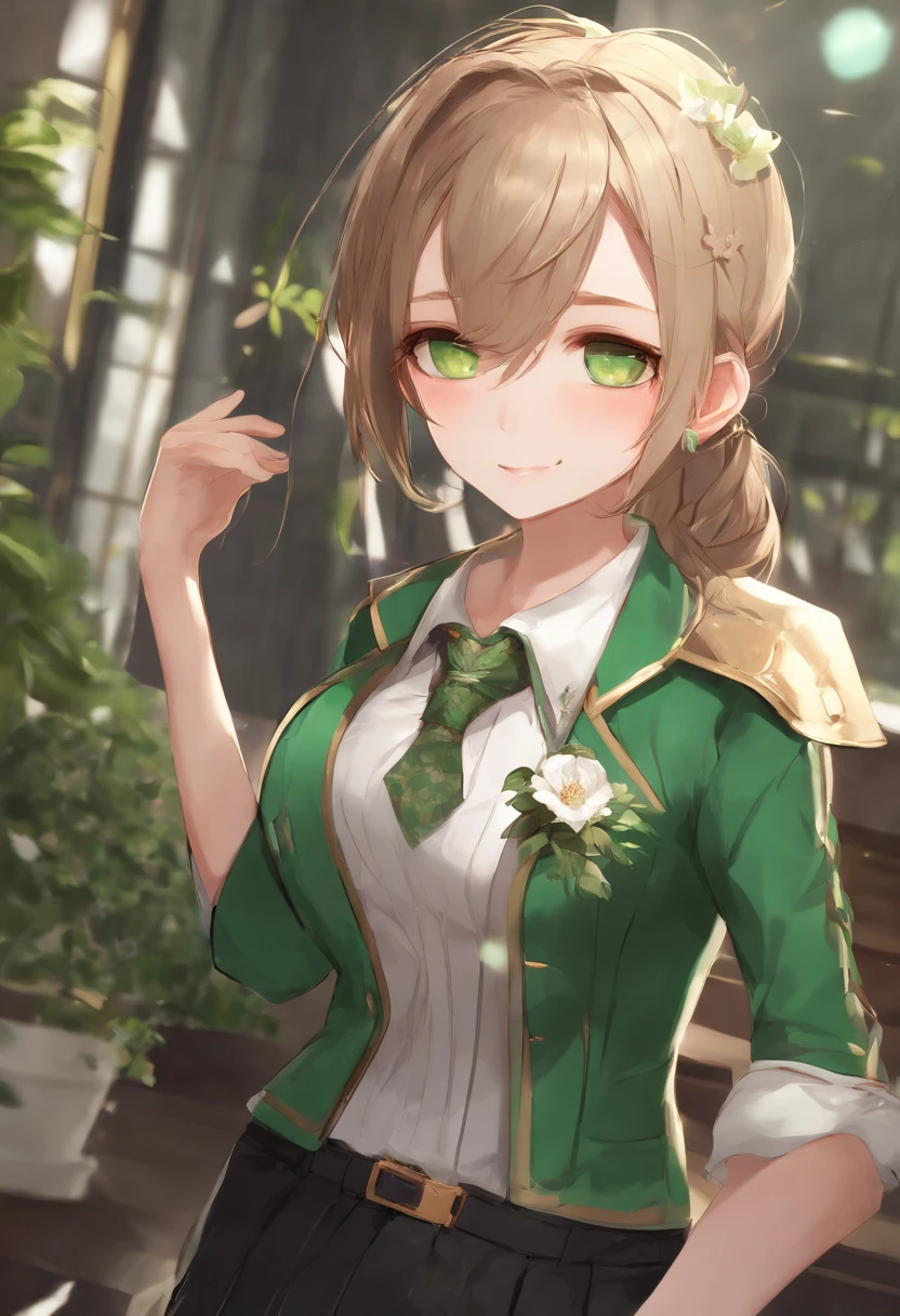 A loli, brown ponytail, white skin, short man, green eyes, masterpiece, punk jacket, white shirt, green tie, open shoulders, open sleeves, light smile, flower, quiet, restrained, (concept art)