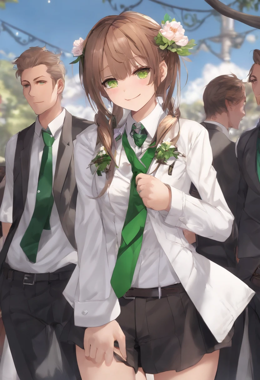 A loli, brown ponytail, white skin, short man, green eyes, masterpiece, punk jacket, white shirt, green tie, open shoulders, open sleeves, light smile, flower, quiet, restrained, (concept art)