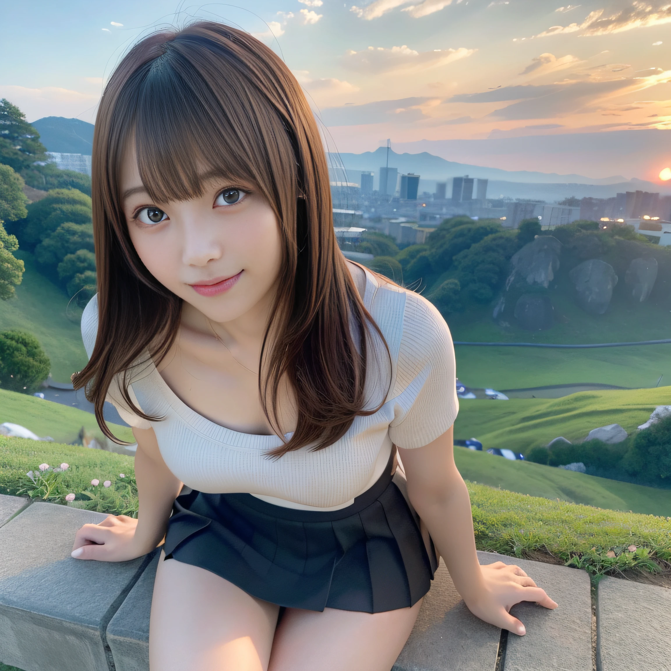 in 8K,Best Quality:1.4, 超A high resolution:1.5, (Photorealistic:1.4),​masterpiece:1.2,(top-quality:1.4)、 Raw photo、(the background is blurred), On a hilltop with a good view:1.4、blue-sky、lawn、FULL BODYSHOT:1.8、 1日本人の女の子, Cute, (Solo), (Shy smile), Smooth skin、(35 year old:1.2)、ＴThe shirt、to stand、Check miniskirt、Cute mini skirt、beauty legs、Slender feet、 (Brown medium hair,Bangs), (touch hair:1.4)、nogizaka、cute little、Supple fingertips,Beautiful black eyes、natural skin textures:1.3, realistic eyes and face details:1.7、middlebreasts、gazing at viewer、gravure、low angles、Katyusha、Scenic