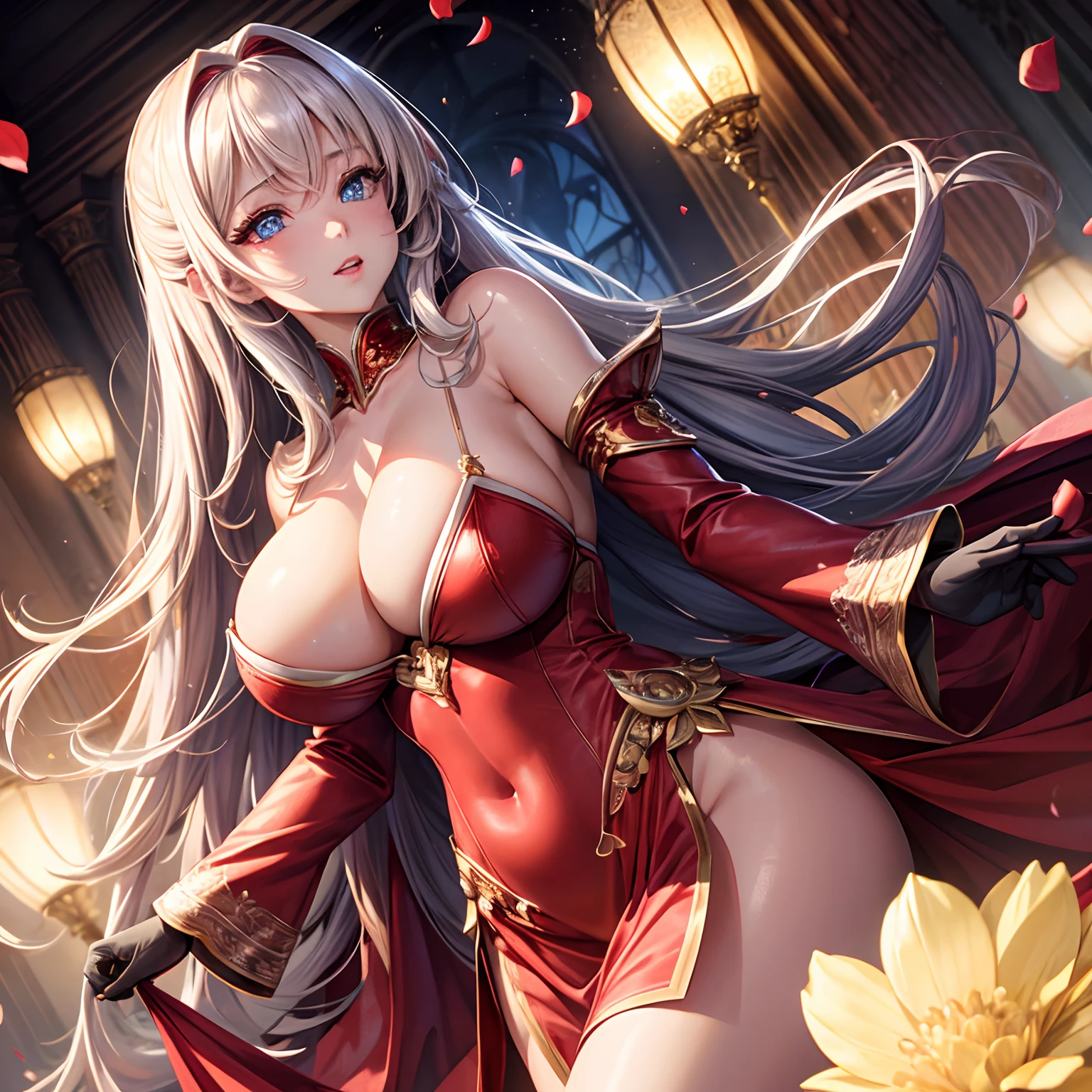 finest image, portrait, female, sexy, beautiful, cute, amorous expression, lewd expression, ecstasy, orgasm, light brown glossy flowing layered iridescent hair, blue sparkling big eyes, double eyelids, red alluring moist lips, huge breasts, under boobs, side boobs, abs, great proportion, red long dress, red long gloves, background royal palace, many falling petals, professional lighting