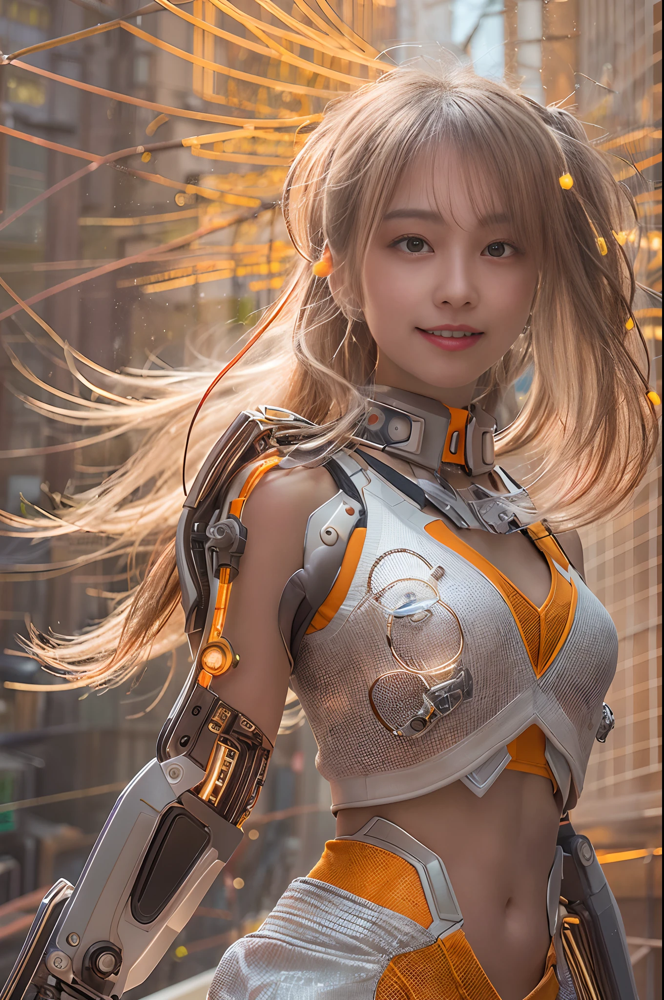 Cybernetic arm and glowing cyber girl,(J Women's Uniform,a sailor suit,White skirt,),Strenuous movements,Add a motion blur effect to simulate motion,Stand on a post-apocalyptic battlefield cityscape.Surrounded by a network of wires. Surrounded by a web of circuits. (Cyber Girl with Orange Glowing Sword:1.3), glossy light brown and orange two-tone color,,,,short-hair,disheveled ponytail,Cute smile,Perfect round face,Black eyes,A cheerful smile that makes the viewer happy,Proper body proportion,Intricate details,Very delicate and beautiful hair,photos realistic,Dreamy,Professional Lighting,realistic shadow,Solo Focus,Beautiful hands,Beautiful fingers,Detailed finger features,detailed clothes features,Detailed hair features,detailed facial features,(masutepiece,top-quality,Ultra-high resolution output image,) ,(The 8k quality,),Science fiction fantasy