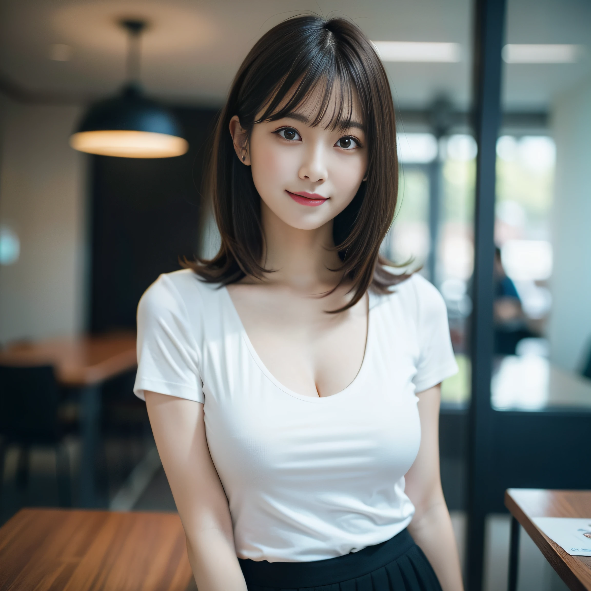 Beautiful black eyes、dual、natural skin textures:1.8, realistic eyes and face details:1.7、middlebreasts、in 8K,Best Quality:1.4, 超A high resolution:1.5, (Photorealistic:1.4),​masterpiece:1.2,(top-quality:1.4)、 Raw photo、 (the background is blurred), 1日本人の女の子, Cute, FULL BODYSHOT:1.6、beauty legs、tight skirts、(Solo:1.4), (Shy smile), Smooth skin、 (Brown medium hair,Bangs),nogizaka,Beautiful body, medium breasts, Breast cleavage, Navy Business Suit,Office, Secretary, White T-shirt, ID Card Holder, ID Badge Holder,president’s office