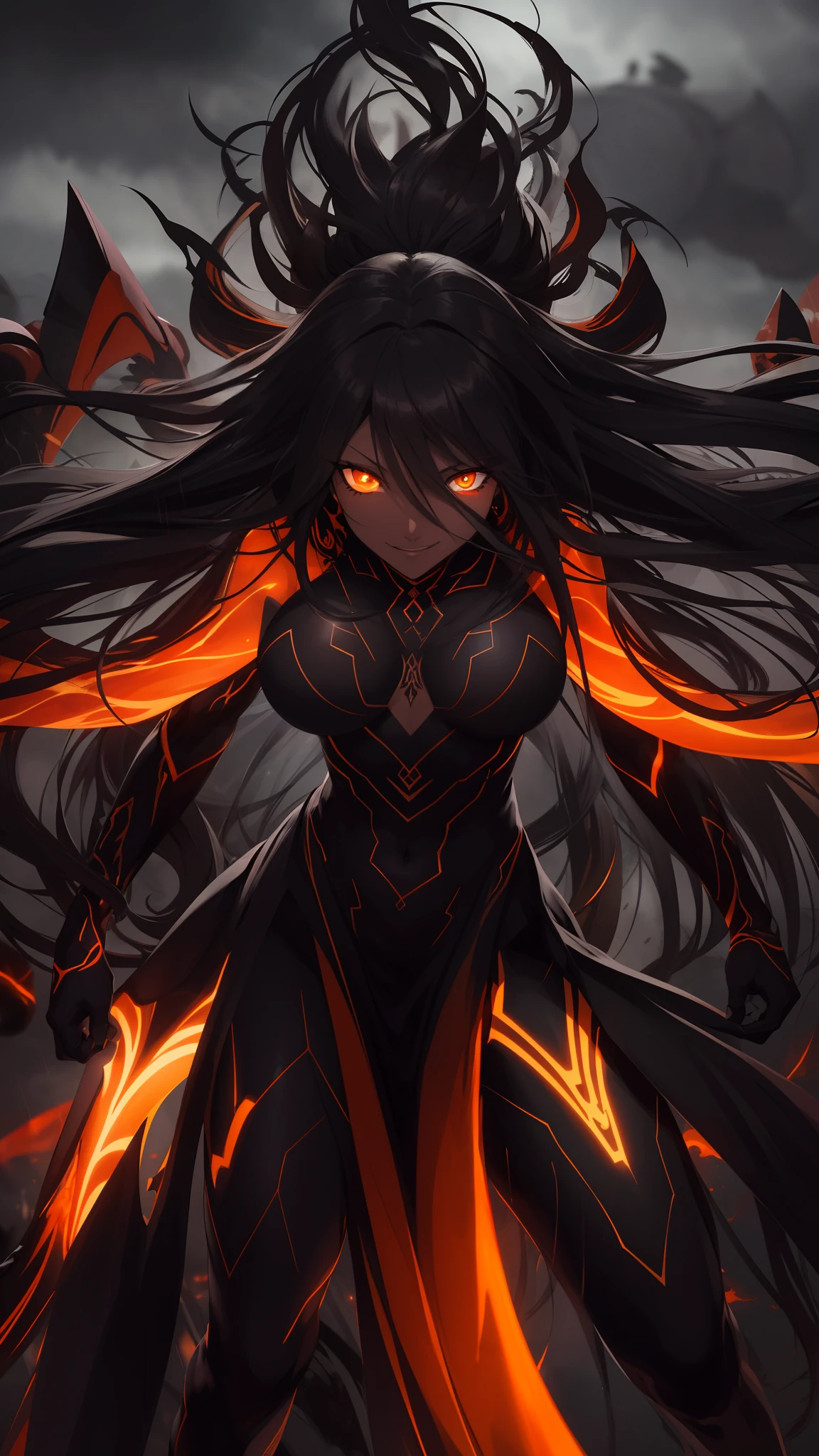 masterpiece, highest quality, female, orange glowing eyes, detailed eyes (1.4), long flowing hair, villainous expression, smiling, black skin body with black glowing pattern, bare body, ready for battle, blurred stormy background, dark atmosphere, lighting in background,full body,