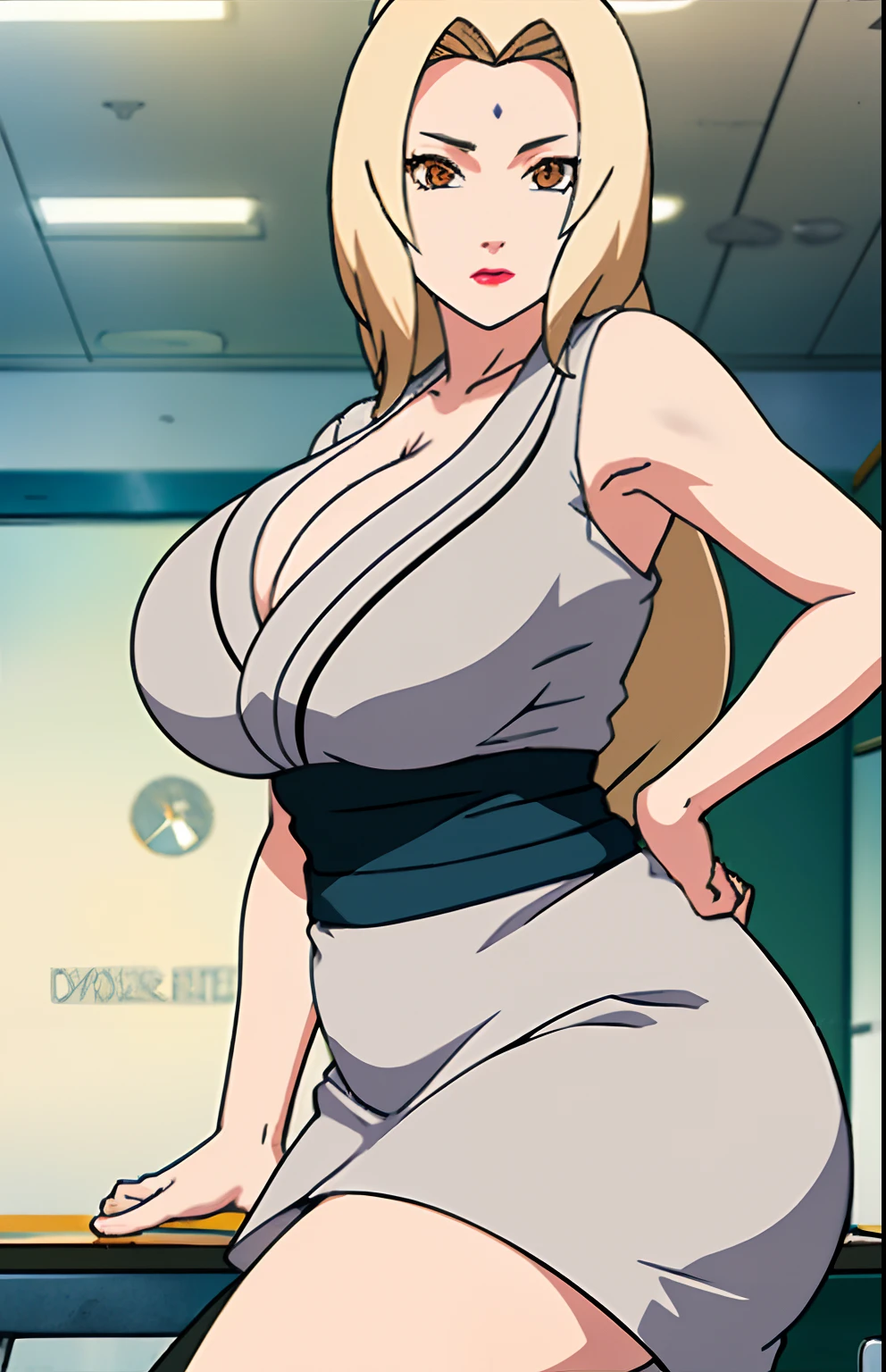 Big tits), (), (), white shirt, black tight skirt, fullbody, cleavage, good anatomy, masterpiece, best quality, 4k, 8k, professional photography, soft light, sharp focus, 1 girl, blonde hair, at classroom, blonde hair, parted banks, detailed face+brown eyes, open lips, lipstick, close up view, whiteboard,