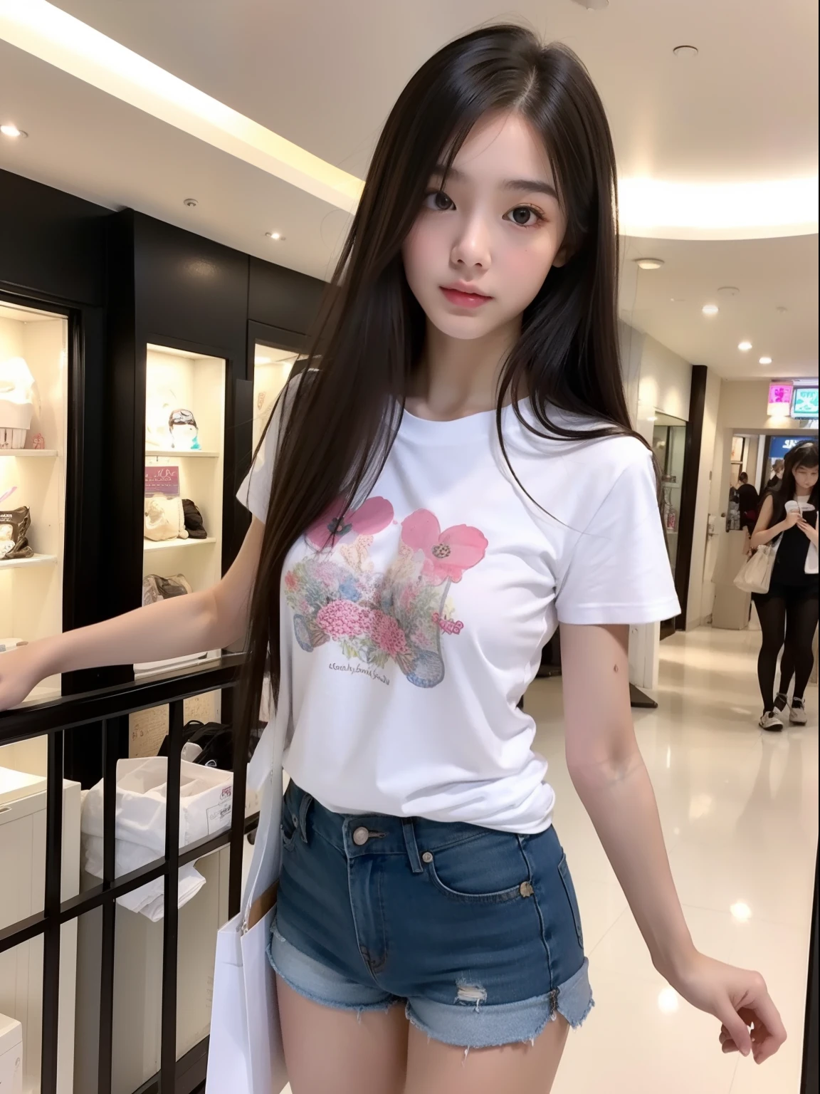 年轻,shortpants,Long T-shirt,teens girl,Delicate body,petite body,Delicate body,small tits,tiny chest,A dark-haired,Very Longhair,shopping mall