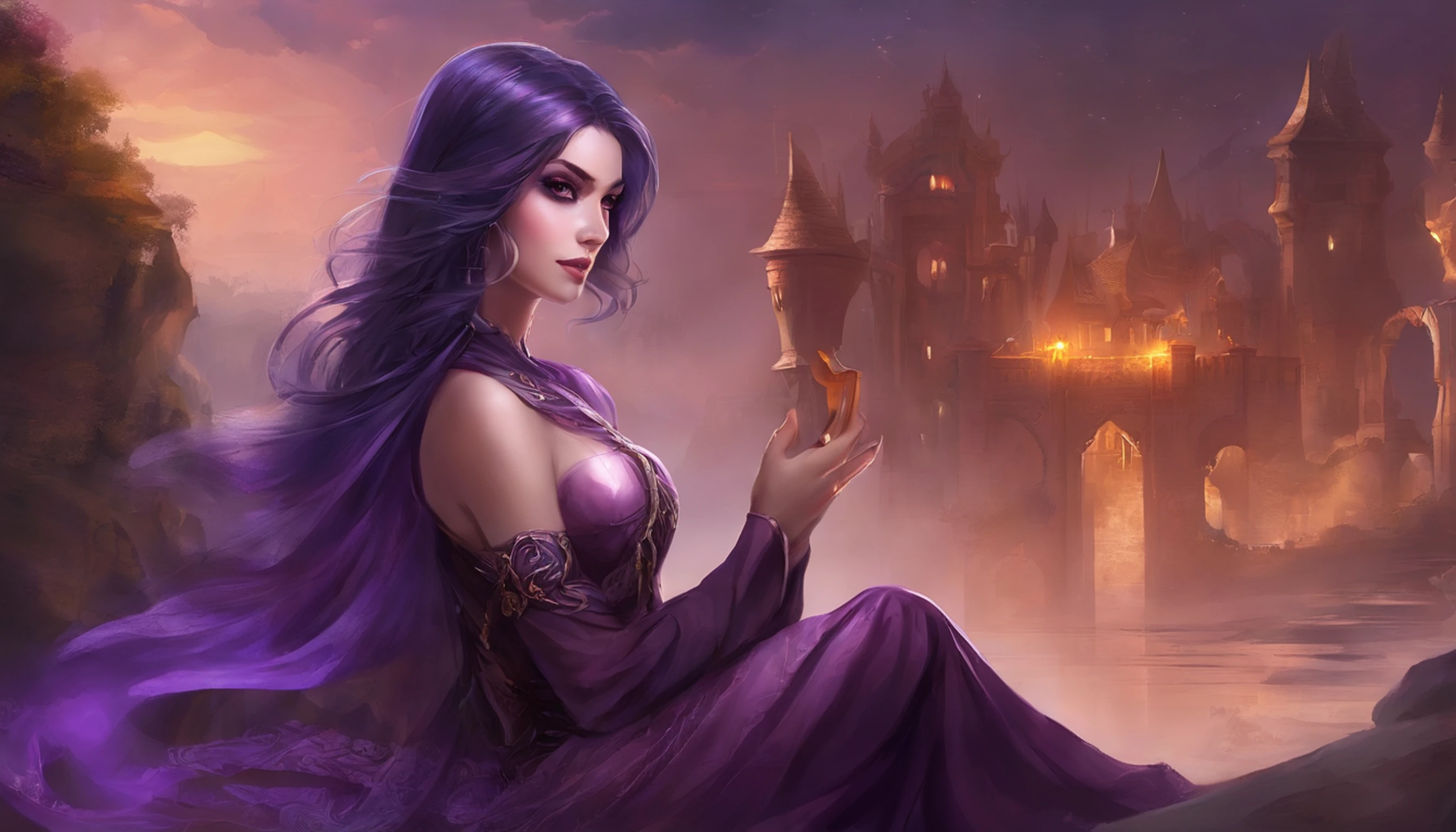 (((vivid purple eyes))), Half-elf female mage, Casaco Preto, (mangas roxas), (tight gray pants), (purple silk scarf), tied back silky shoulder length detailed black hair, (dark gothic makeup), pele castanha muito clara, (seios enormes), pequenas orelhas pontudas, quadris largos, figura da ampulheta, big booty, (Persa)