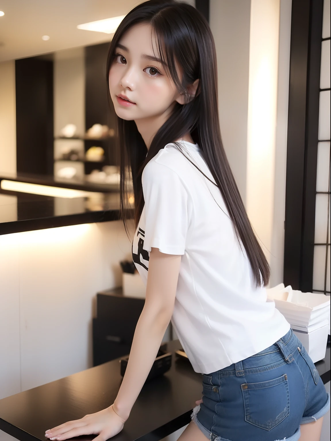 年轻,shortpants,Long T-shirt,teens girl,Delicate body,petite body,Delicate body,small tits,tiny chest,A dark-haired,Very Longhair,shopping mall