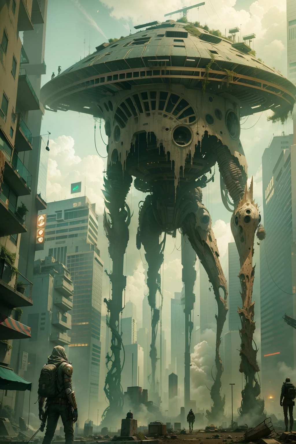 Technologically advanced and highly detailed ancient long-legged giant aliens in a post-apocalyptic cityscape.