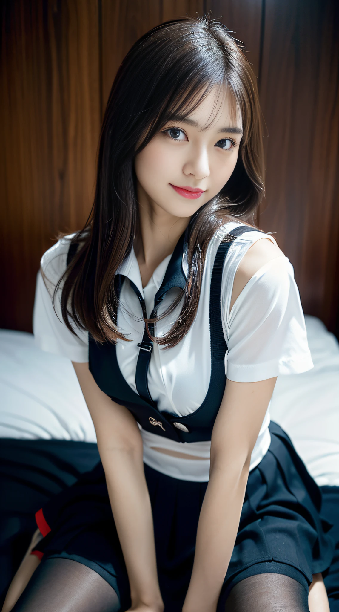 (((32ｋ,high detal,high-detail、​masterpiece,Attention to detail,full body Esbian,独奏))),Raw photo & realistic atmosphere,beautiful dark blue eyes,Detailed mouth,Glossy lips,Detailed eyebrows,Eyes drawn in detail with soft white skin that shines in every detail、azure eyes,Very beautiful eyes,Detailed lips、Very beautiful face,Very well-formed face、Lifelike face,shiny beautiful lips, Realistic Young Gravure Idol, very beautiful school girl, , Young Sensual Gravure Idol, Young Gravure Idol, Beautiful and very cute mature１6  old schoolgirl,the whole body is wet,dripped out,with a flushed face,Incredibly beautiful, sexy and classy１6-year girl,semi-long brown shiny hair,Hair is wet,Fine water droplets shining on hair,(Looking at the camera：1.4）,（darkness,Very dark,Bed in pitch black room without light,Use one candle to illuminate the subject：1.7）,（A sexy,Healthy toned body,High Detail Hi-Vision Hi-Vision Japan HDTVblackHDTVhi-VisionBlack Hi-VisionBlack Hi-Definition Hi-VisionBlack Hi-Definition Hi-Definition Uniform,shapely breasts with a little bigger,,,Mature body, I'm anxious and about to cry,Moist eyes,cold smile,glareing,The glaring face is also beautiful,High-resolution arm,,high-definition fingers,：1.5）,（The chest of the uniform is sexily open,Wearing black pantyhose,High school girl uniform with black and red and white base,Sit upright and lift the hem of the skirt,G-strings under the skirt,Lace bra under shirt：1.8）