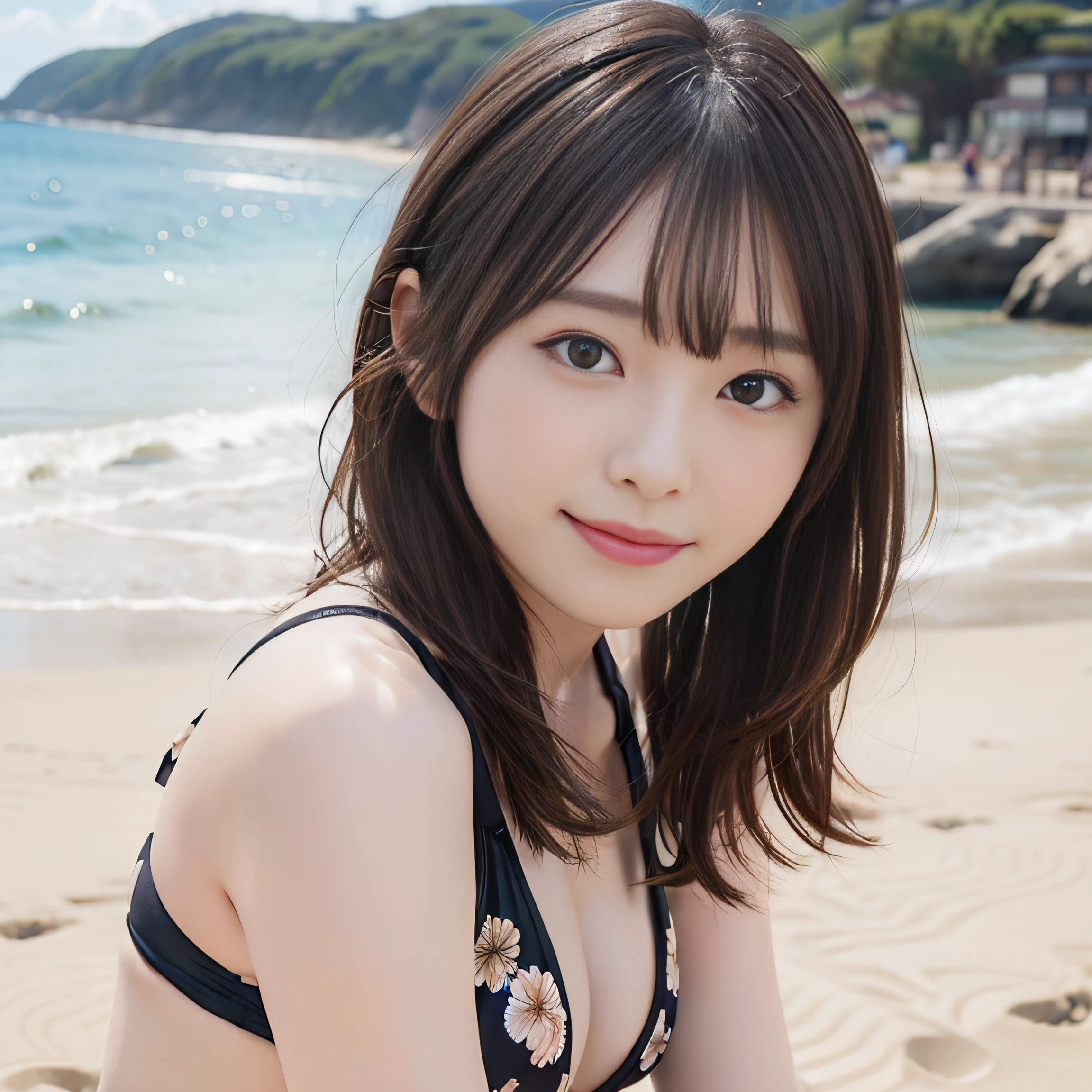 in 8K,Best Quality:1.4, 超A high resolution:1.5, (Photorealistic:1.4),masterpiece:1.2,(top-quality:1.4)、 Raw photo、 (the background is blurred), sea side, sand beach, 1日本人の女の子, Cute, (Solo:1.4), (Shy smile), Smooth skin、Floral Bikini:1.3、 (Brown medium hair,Bangs), (touch hair:1.4),nogizaka,Cute swimsuit,Supple fingertips,Beautiful black eyes、dual、natural skin textures:1.3, realistic eyes and face details:1.7、middlebreasts、during daytime、Gravure Pose:1.1、Toned buttocks:1.5、Hands behind the head、gazing at viewer,The photographer will be facing backwards.5Take a step back
