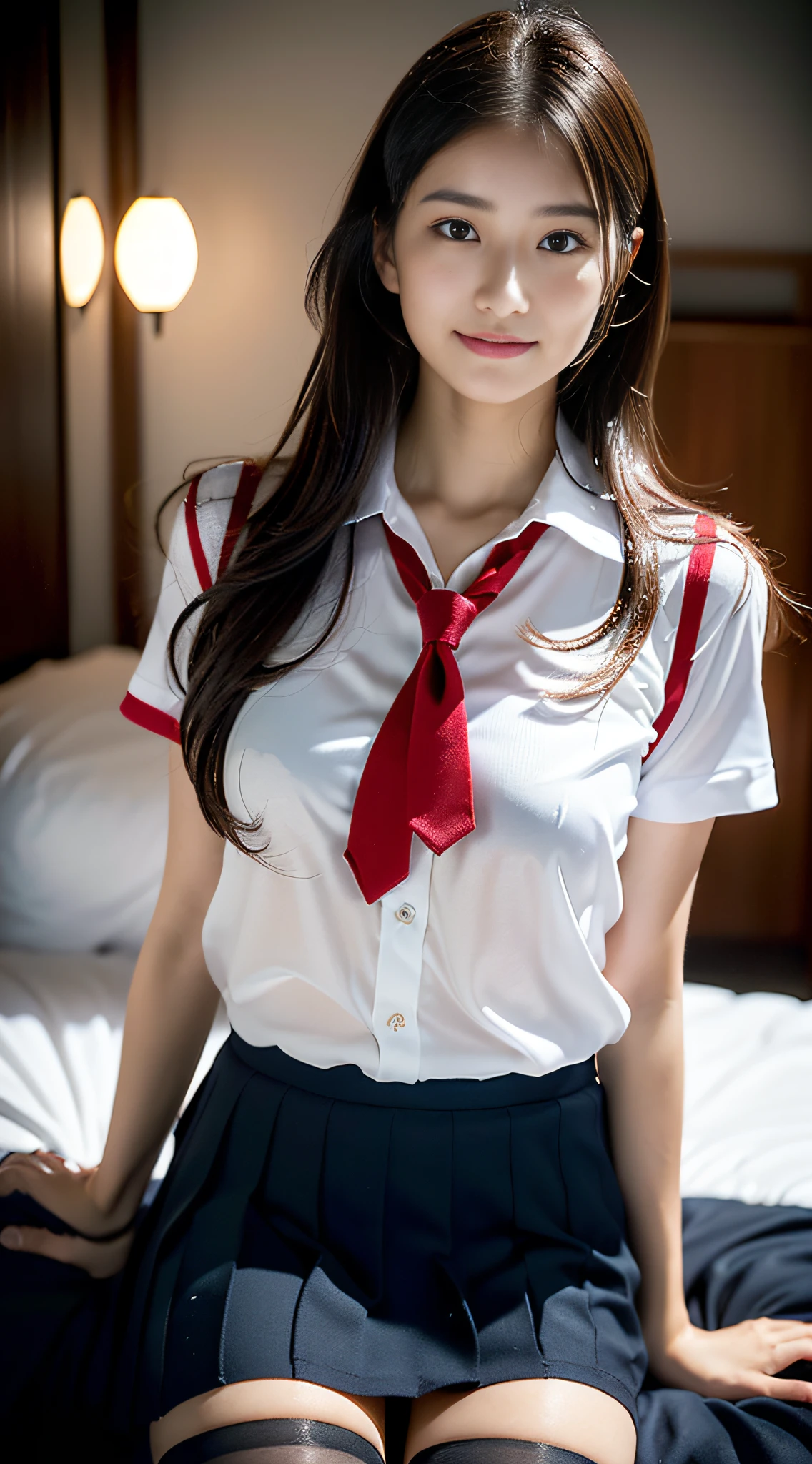 (((32k,high detal,high-detail、masterpiece,Attention to detail,full body Esbian,独奏))),Raw photo & realistic atmosphere,beautiful dark blue eyes,Detailed mouth,Glossy lips,Detailed eyebrows,Eyes drawn in detail with soft white skin that shines in every detail、azure eyes,Very beautiful eyes,Detailed lips、Very beautiful face,Very well-formed face、Lifelike face,shiny beautiful lips, Realistic Young Gravure Idol, very beautiful school girl, , Young Sensual Gravure Idol, Young Gravure Idol, Beautiful and very cute mature16 schoolgirl,the whole body is wet,dripped out,with a flushed face,Incredibly beautiful, sexy and classy16-year-oldl,semong brown shiny hair,Hair is wet,Fine water droplets shining on hair,(Looking at the camera:1.4),(darkness,Very dark,Bed in pitch black room without light,Use one candle to illuminate the subject:1.7),(A sexy,Healthy toned body,High Detail Hi-Vision Hi-Vision Japan HDTVblackHDTVhi-VisionBlack Hi-VisionBlack Hi-Definition Hi-VisionBlack Hi-Definition Hi-Definition Uniform,shapely breasts with a little bigger,,,Mature body, I'm anxious and about to cry,Moist eyes,cold smile,glareing,The glaring face is also beautiful,High-resolution arm,,high-definition fingers,:1.5),(The chest of the uniform is sexily open,1 beautiful and cute 16-year-old higschgirl ring black pantyhose and wearing a classy high school girl uniform with a black and red and white base sit upright and lift her skirt in shame:1.8)
