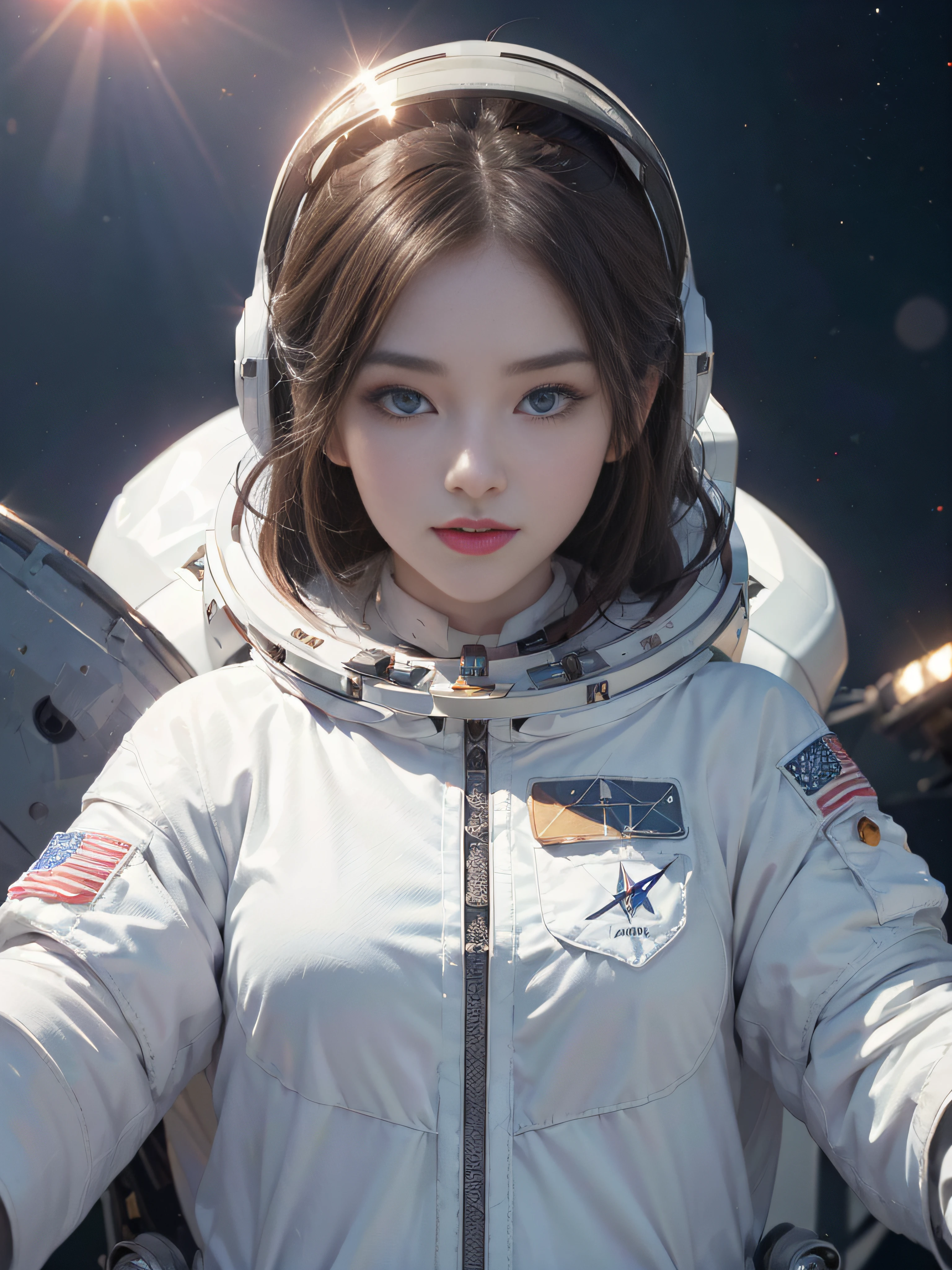 top-quality、masterpiece、超A high resolution、(realisitic:1.4)、Beautuful Women1、Beautiful detail eyes and skin、ssmile、Light brown short-cut hair、The perfect spacesuit、Inside the spacecraft、Sand Planet、sandstorm、