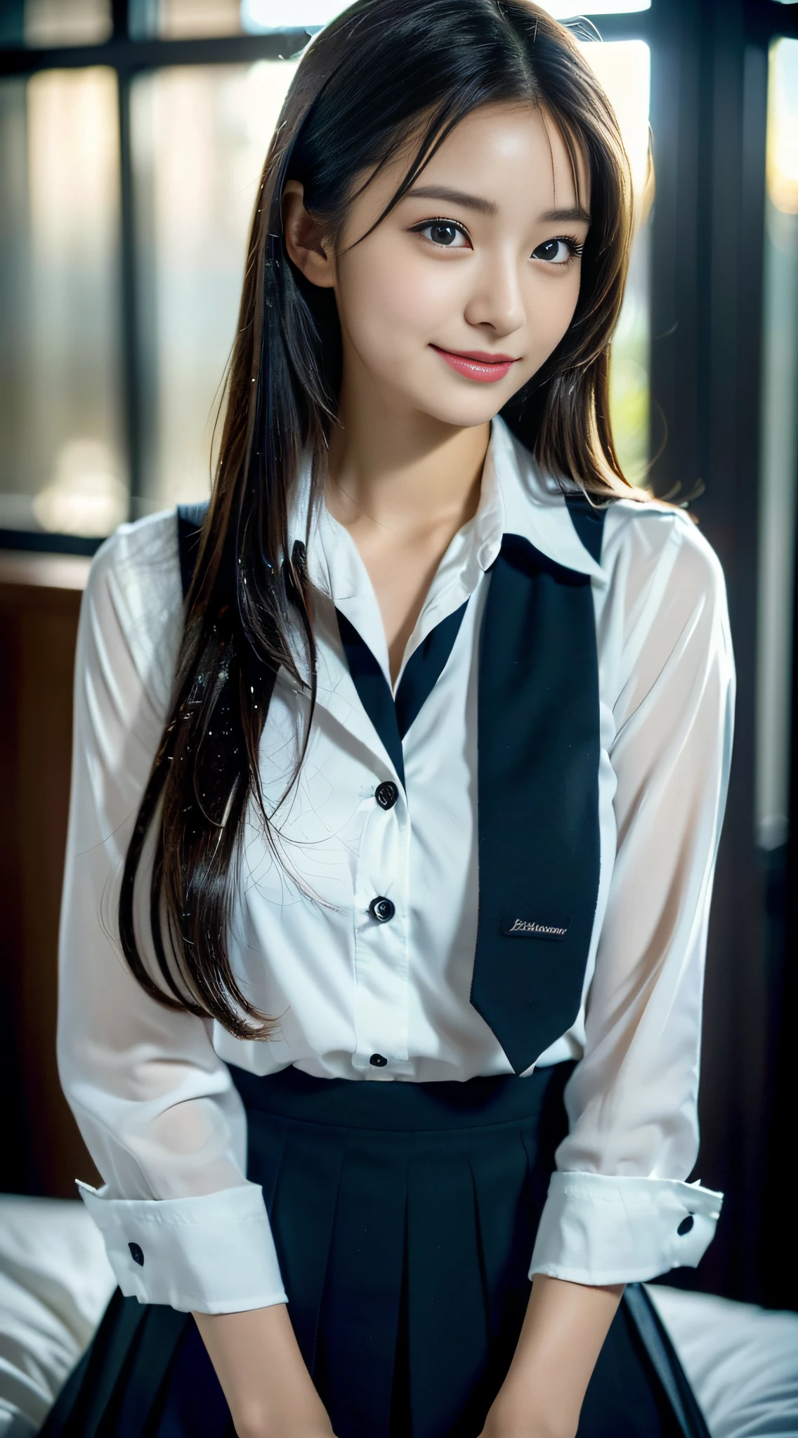 (((32k,high detal,high-detail、masterpiece,Attention to detail,full body Esbian,独奏))),Raw photo & realistic atmosphere,beautiful dark blue eyes,Detailed mouth,Glossy lips,Detailed eyebrows,Eyes drawn in detail with soft white skin that shines in every detail、azure eyes,Very beautiful eyes,Detailed lips、Very beautiful face,Very well-formed face、Lifelike face,shiny beautiful lips, Realistic Young Gravure Idol, very beautiful school girl, , Young Sensual Gravure Idol, Young Gravure Idol, Beautiful and very cute mature16 schoolgirl,the whole body is wet,dripped out,with a flushed face,Incredibly beautiful, sexy and classy16-year-oldl,semong brown shiny hair,Hair is wet,Fine water droplets shining on hair,(Looking at the camera:1.4),(darkness,Very dark,Bed in pitch black room without light,Use one candle to illuminate the subject:1.7),(A sexy,Healthy toned body,High Detail Hi-Vision Hi-Vision Japan HDTVblackHDTVhi-VisionBlack Hi-VisionBlack Hi-Definition Hi-VisionBlack Hi-Definition Hi-Definition Uniform,shapely breasts with a little bigger,,,Mature body, I'm anxious and about to cry,Moist eyes,cold smile,glareing,The glaring face is also beautiful,High-resolution arm,,high-definition fingers,:1.5),(The chest of the uniform is sexily open,1 beautiful and cute 16-year-old higschgirl ring black pantyhose and wearing a classy high school girl uniform with a black and red and white base sit upright and lift her skirt in shame:1.8)