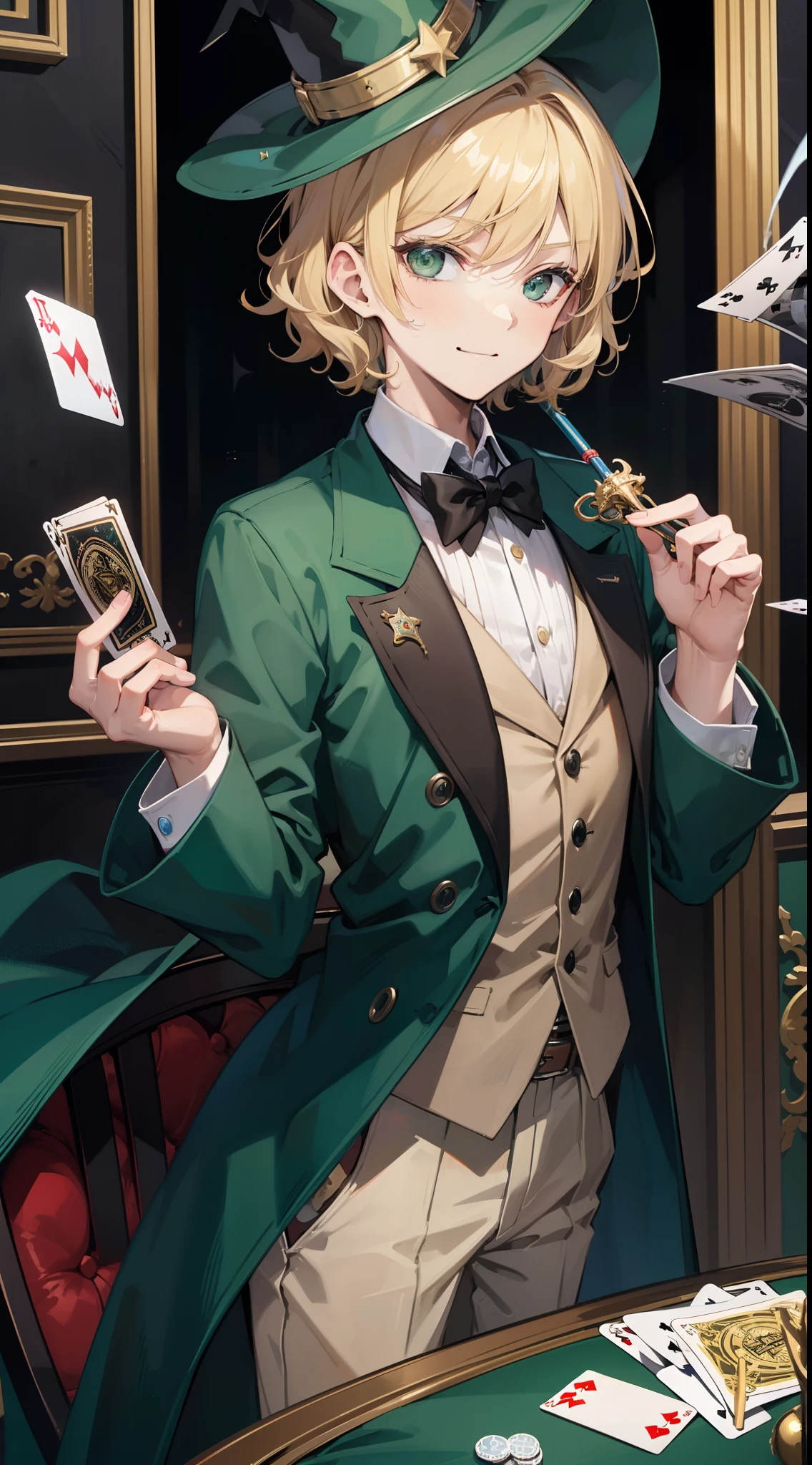 young boy, short curly blonde hair, Green eyes, smirk, evil, wizard hat, Magician's jacket, Magician Form, cane, playing cards, a joker, Masterpiece, hiquality, 4k, HD, Good detail